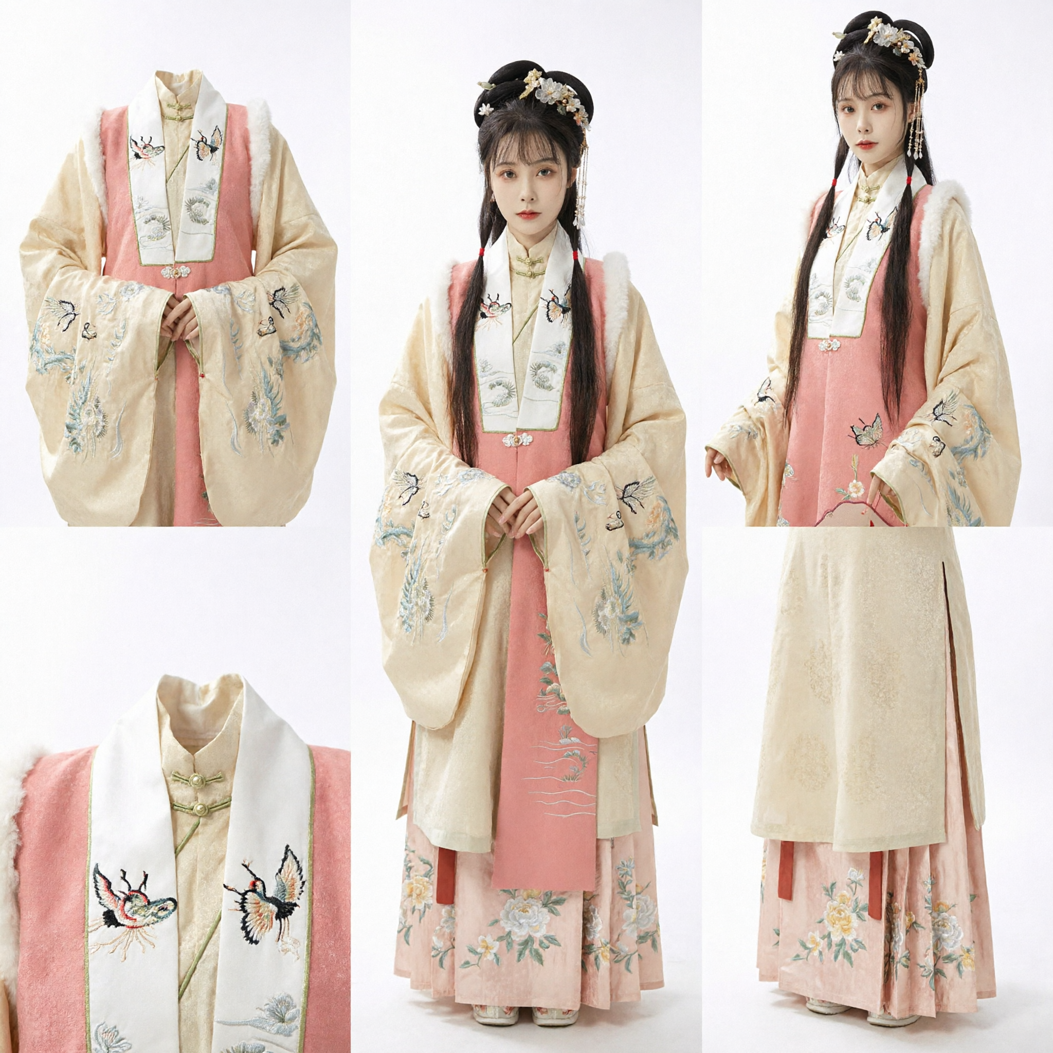 Traditional Chinese Hanfu Ming Dynasty Embroidered Pifeng Coat Pink Skirt Set Ancient Costume for Women