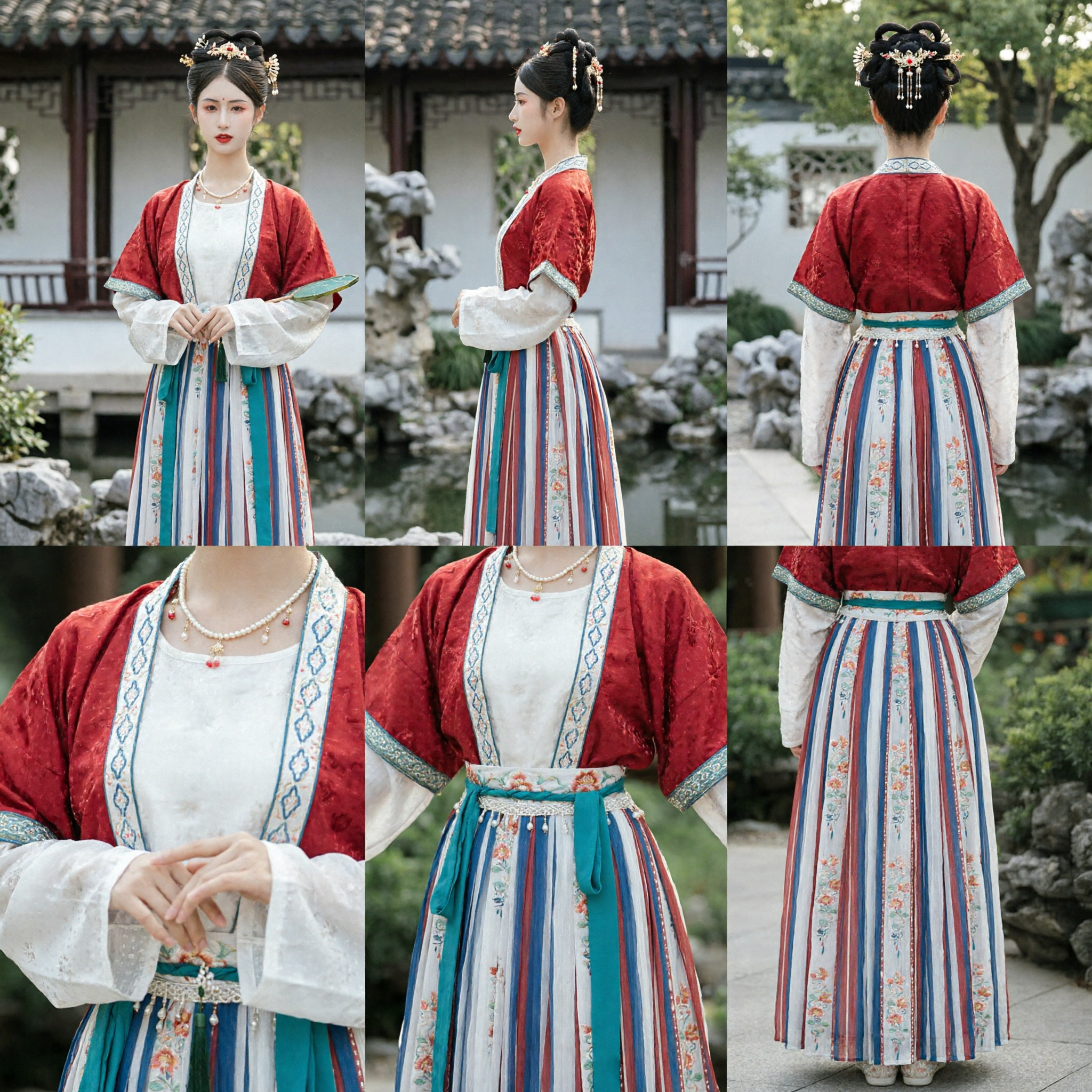 Traditional Chinese Hanfu Tang Dynasty Style Red Jacket and Striped Skirt Ancient Costume for Women