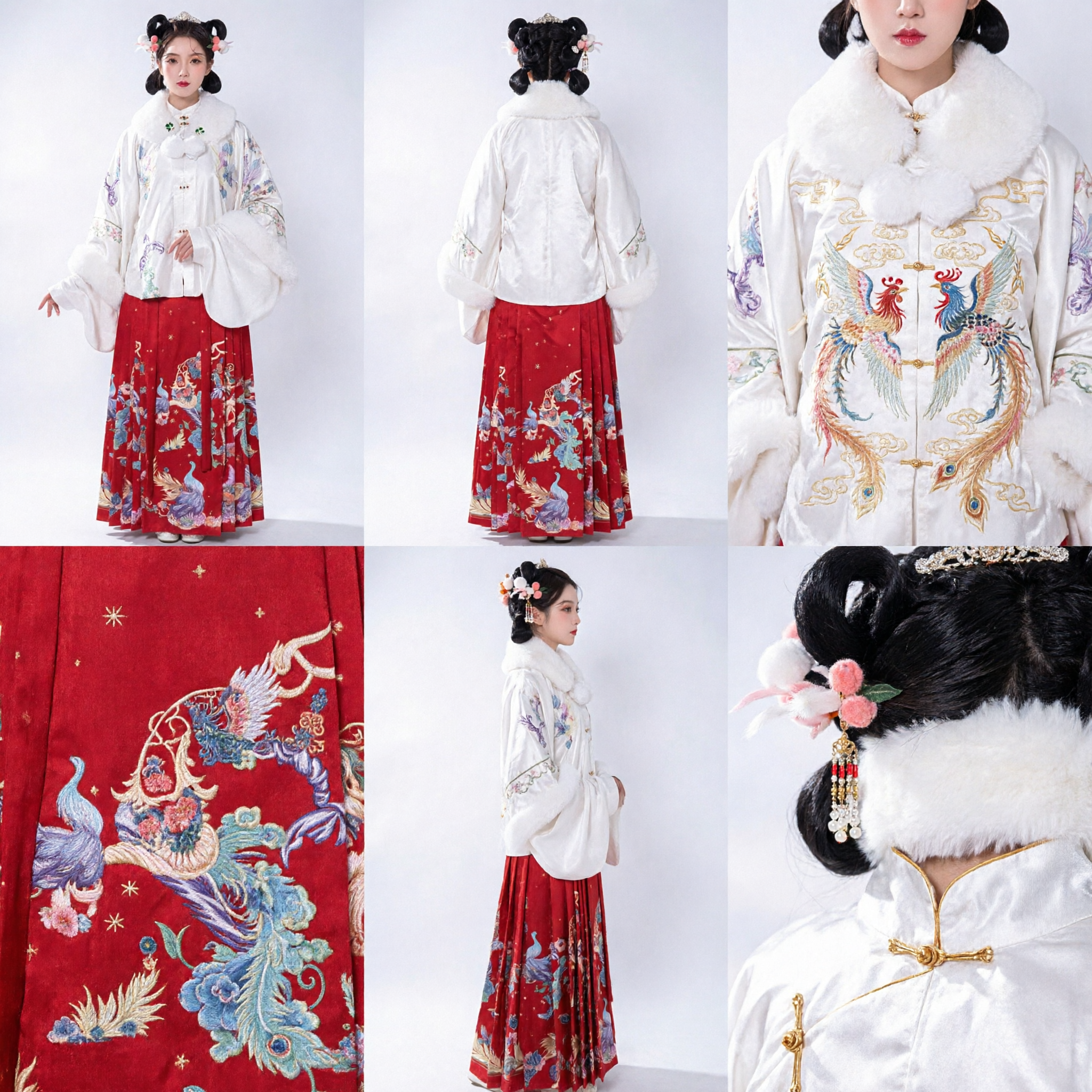 Traditional Chinese Hanfu Ming Dynasty Style White Fur Collar Top and Red Peacock Embroidered Skirt Set for Women