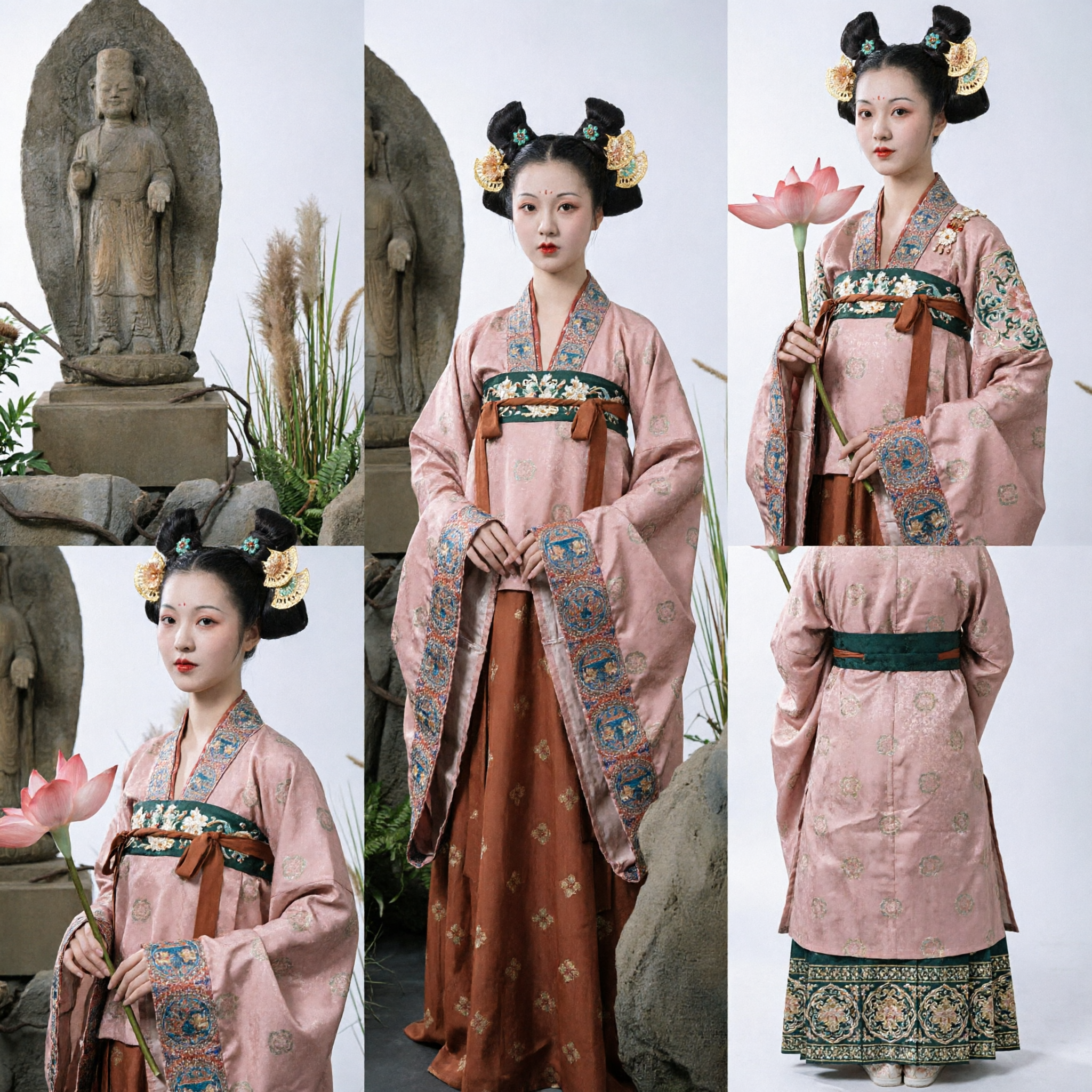 Exquisite Pink Traditional Chinese Hanfu Costume Women Ancient Tang Dynasty Brocade Dress for Photography