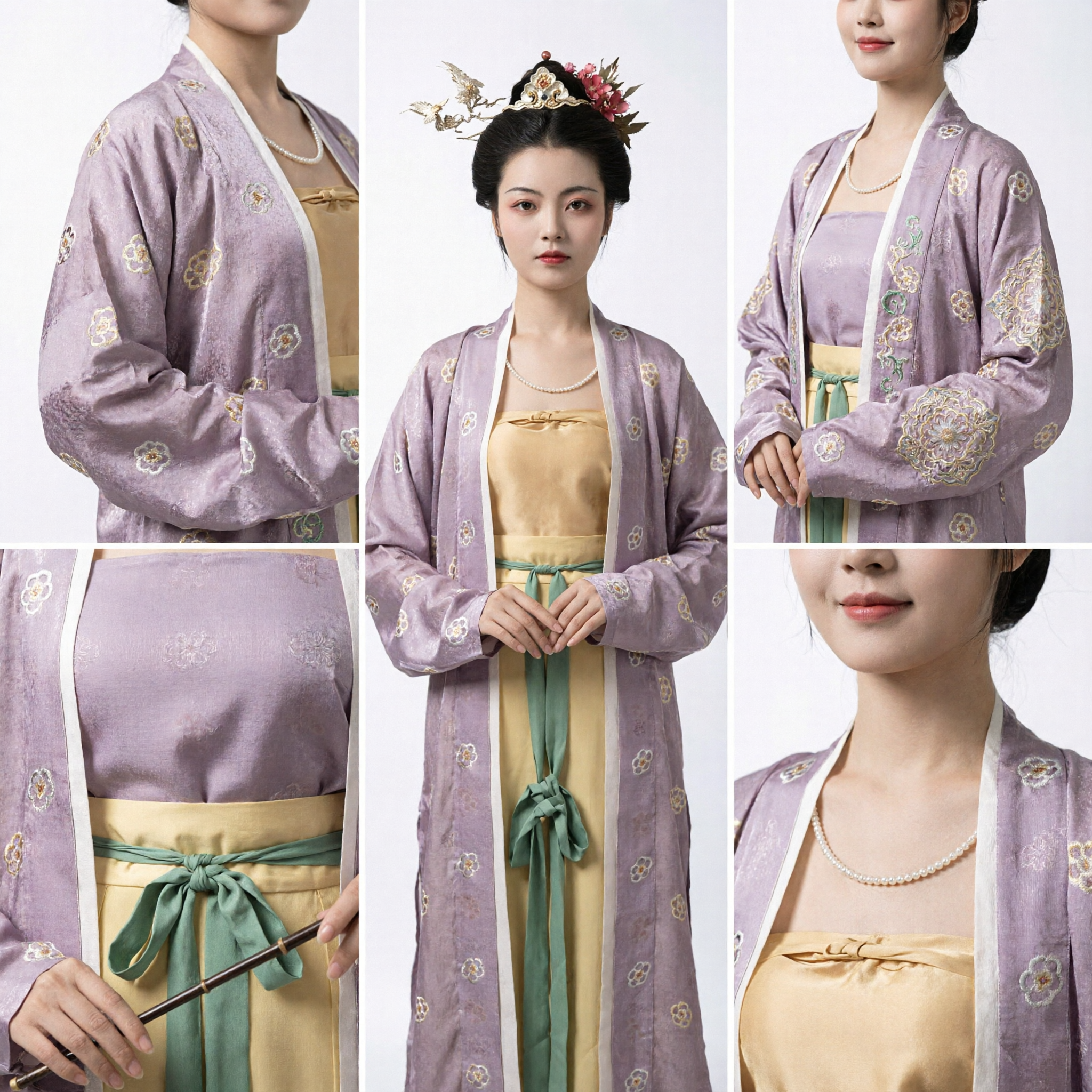 Chinese Traditional Song Dynasty Hanfu Purple Floral Beizi Robe and Yellow Dress Set for Women