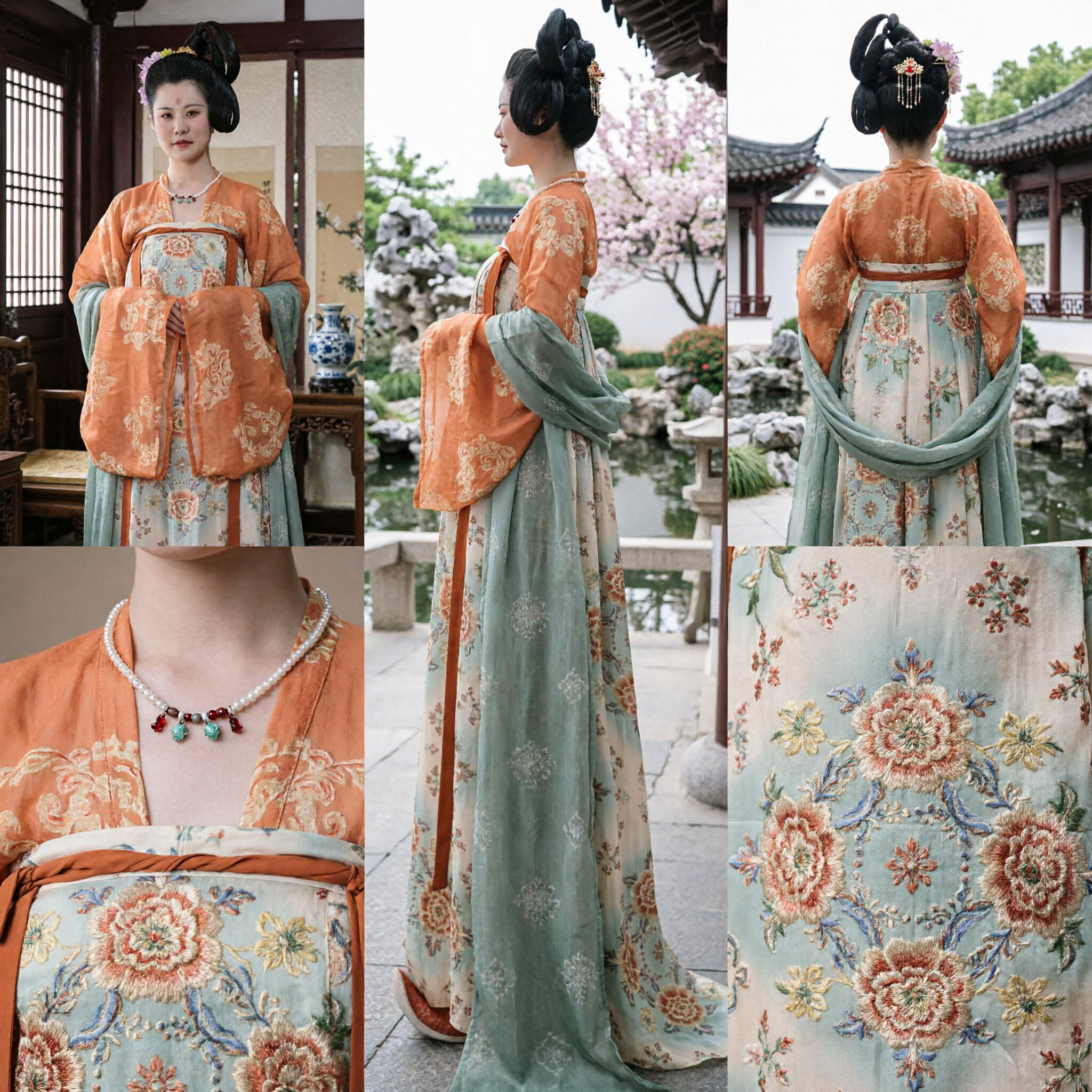 Traditional Chinese Tang Dynasty Hanfu Costume for Women Orange Floral Ruqun Ancient Palace Drama Dress