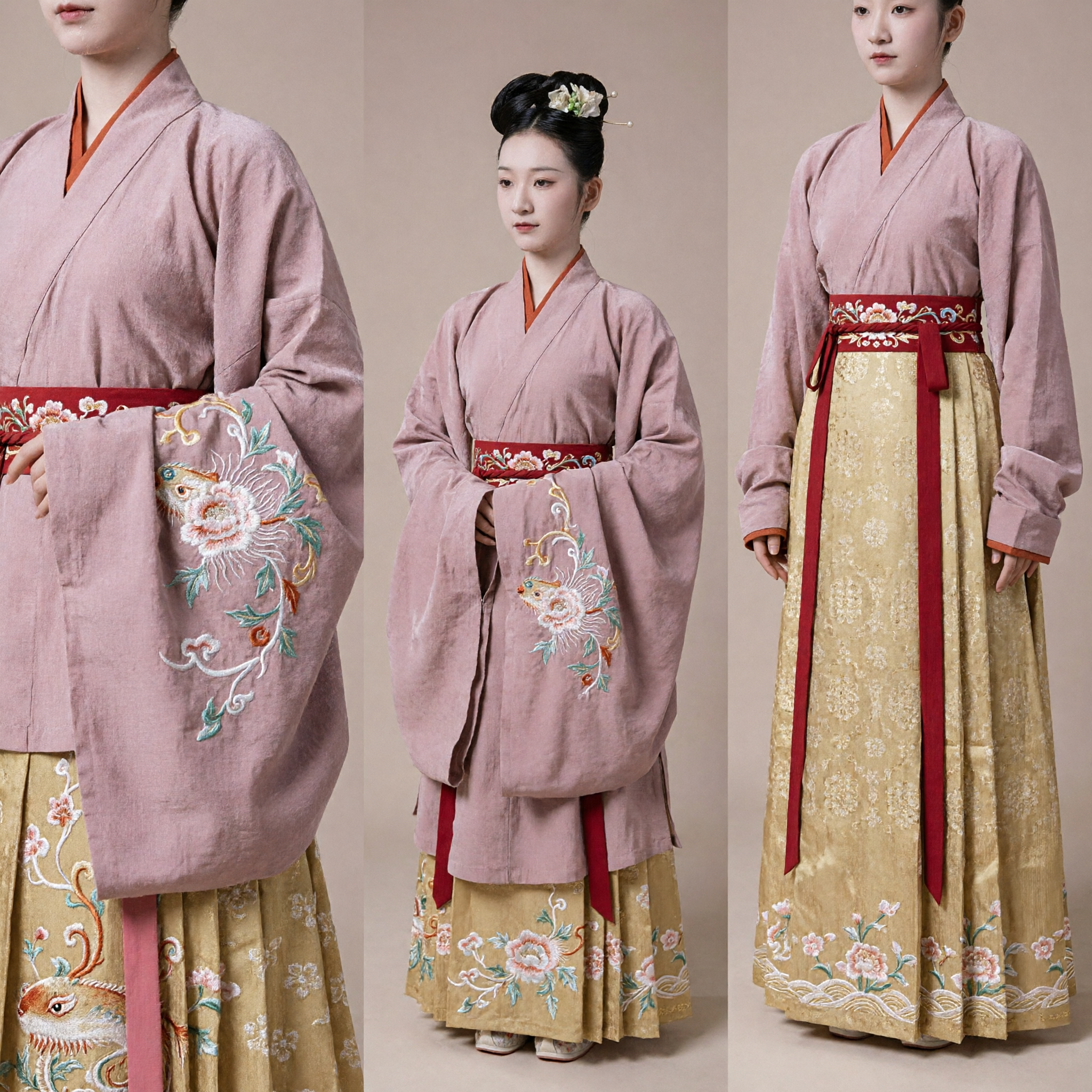 Traditional Chinese Hanfu Ancient Costume Song Dynasty Style Pink Top Yellow Floral Skirt Set for Women