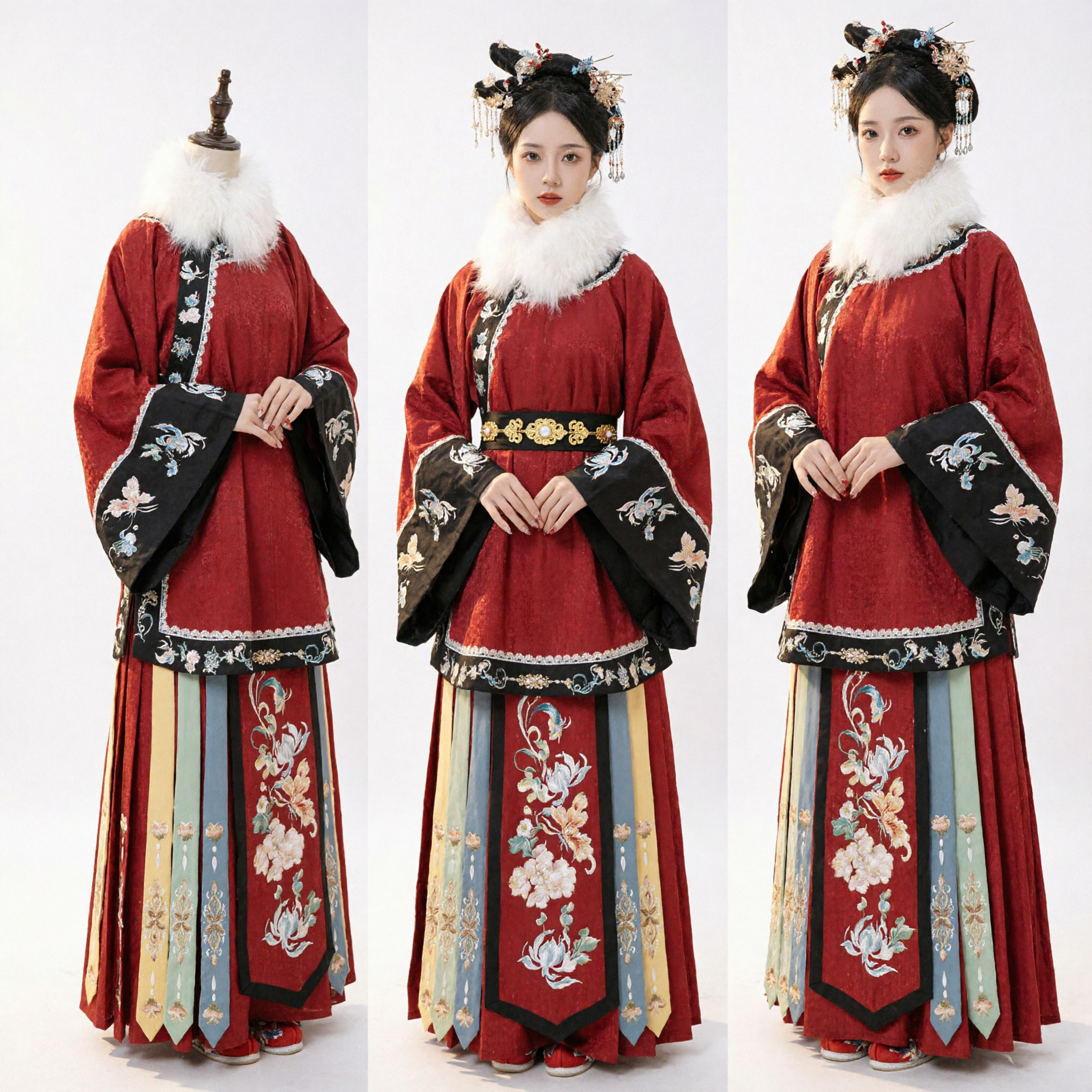 Traditional Chinese Ming Dynasty Hanfu Winter Red Embroidered Jacket and Mamianqun Horse Face Skirt Set for Women