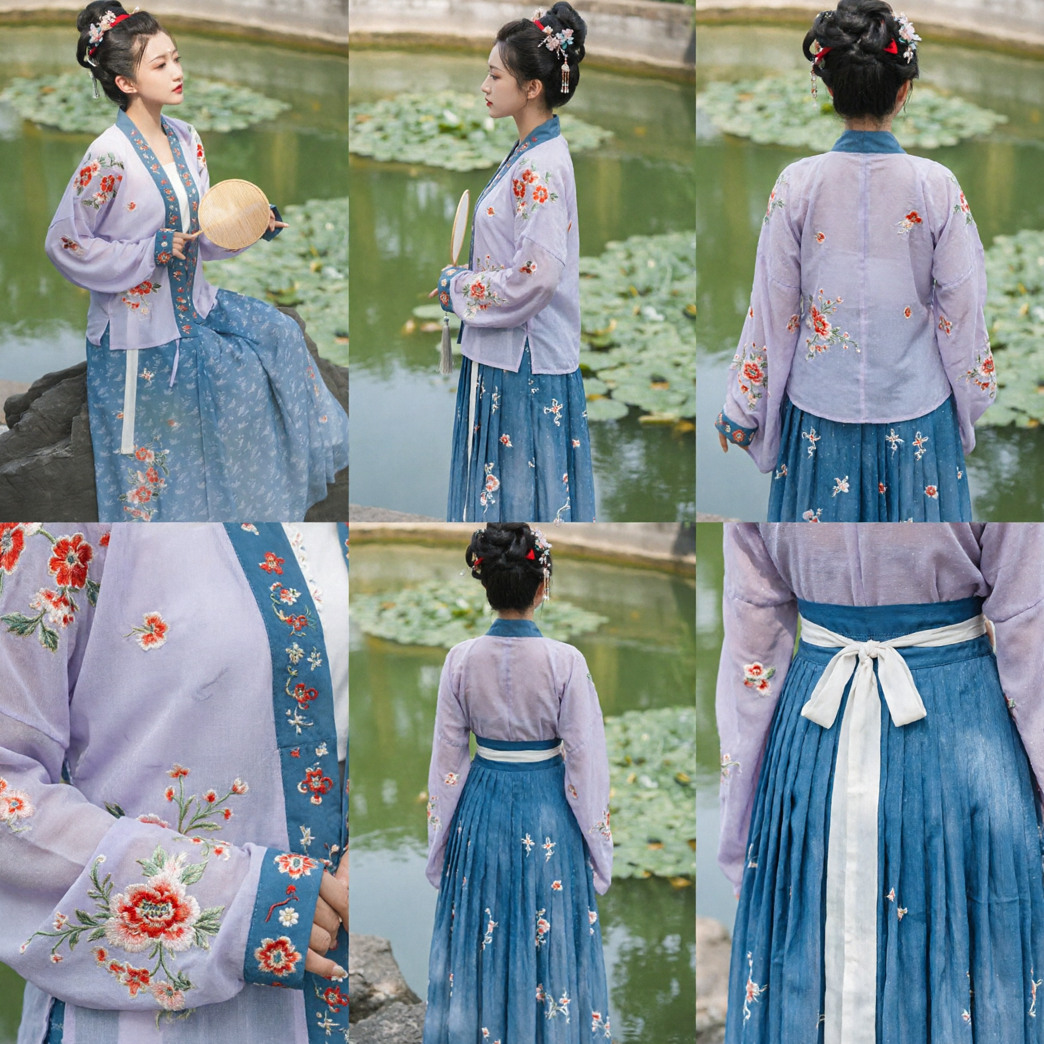 Traditional Chinese Hanfu Women's Ancient Costume Purple Embroidered Jacket and Blue Skirt Set for Photography