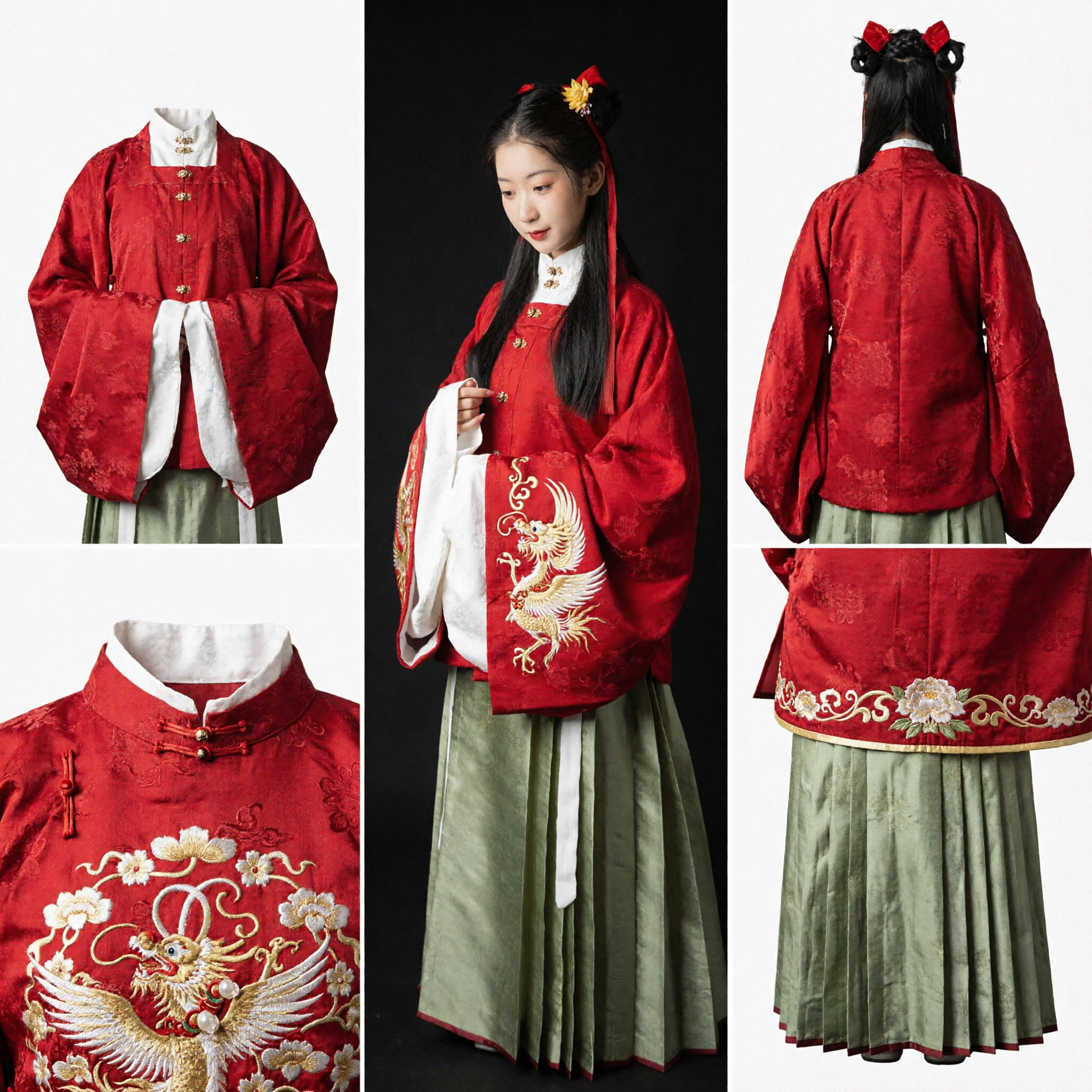 Traditional Chinese Hanfu Costume Ming Dynasty Style Red Jacket and Green Pleated Skirt Set for Women Ancient Clothing