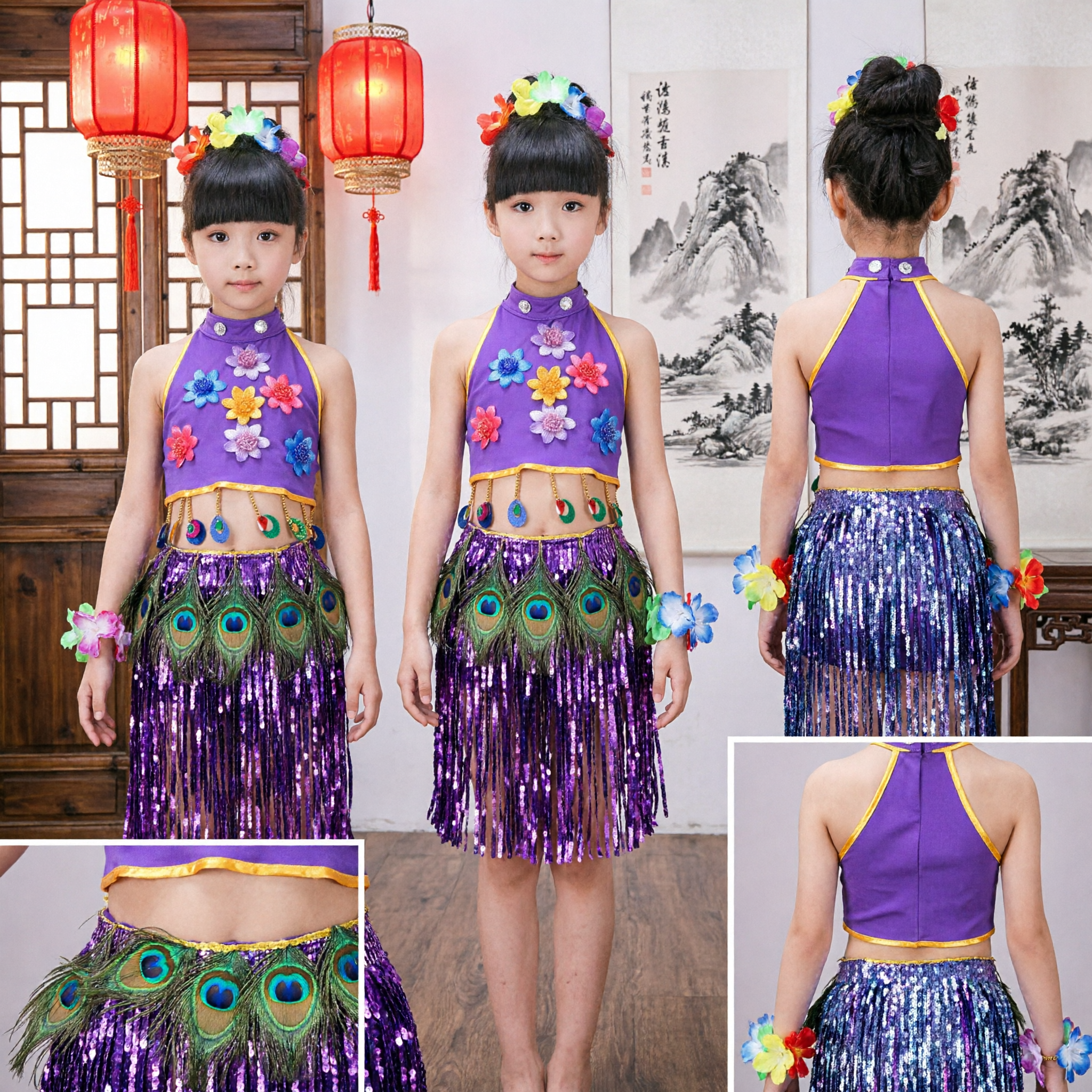 Kids Girls Purple Hula Dance Costume Hawaiian Grass Skirt Set Tropical Stage Performance Outfit with Floral Accessories