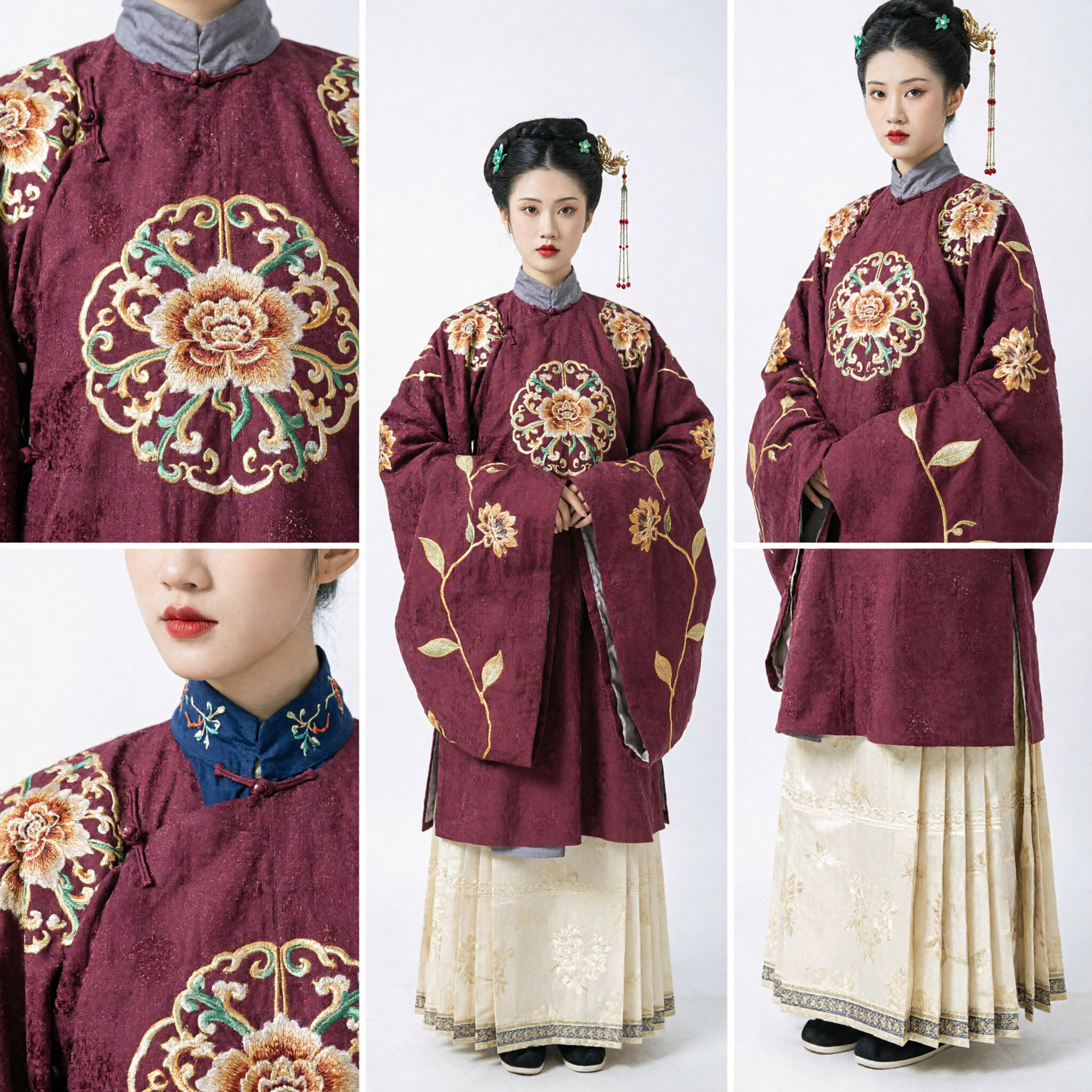 Traditional Chinese Ming Dynasty Hanfu Costume for Women Burgundy Floral Embroidered Ancient Coat Robe