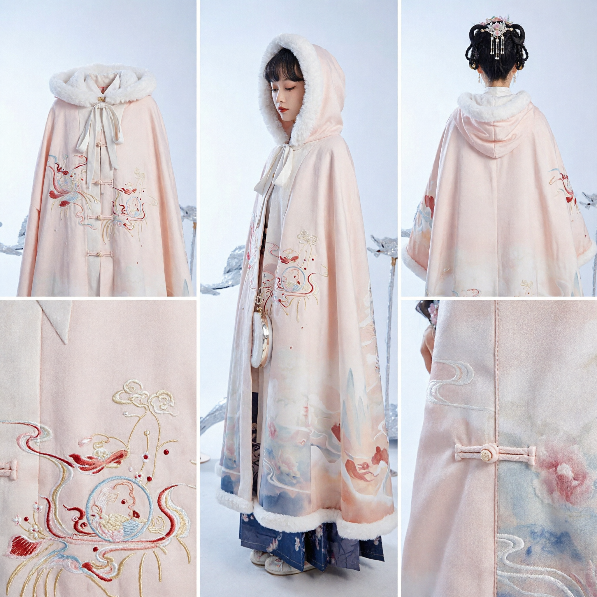 Traditional Chinese Hanfu Winter Cape Cloak with Embroidery and Fur Trim Ancient Fairy Costume for Women