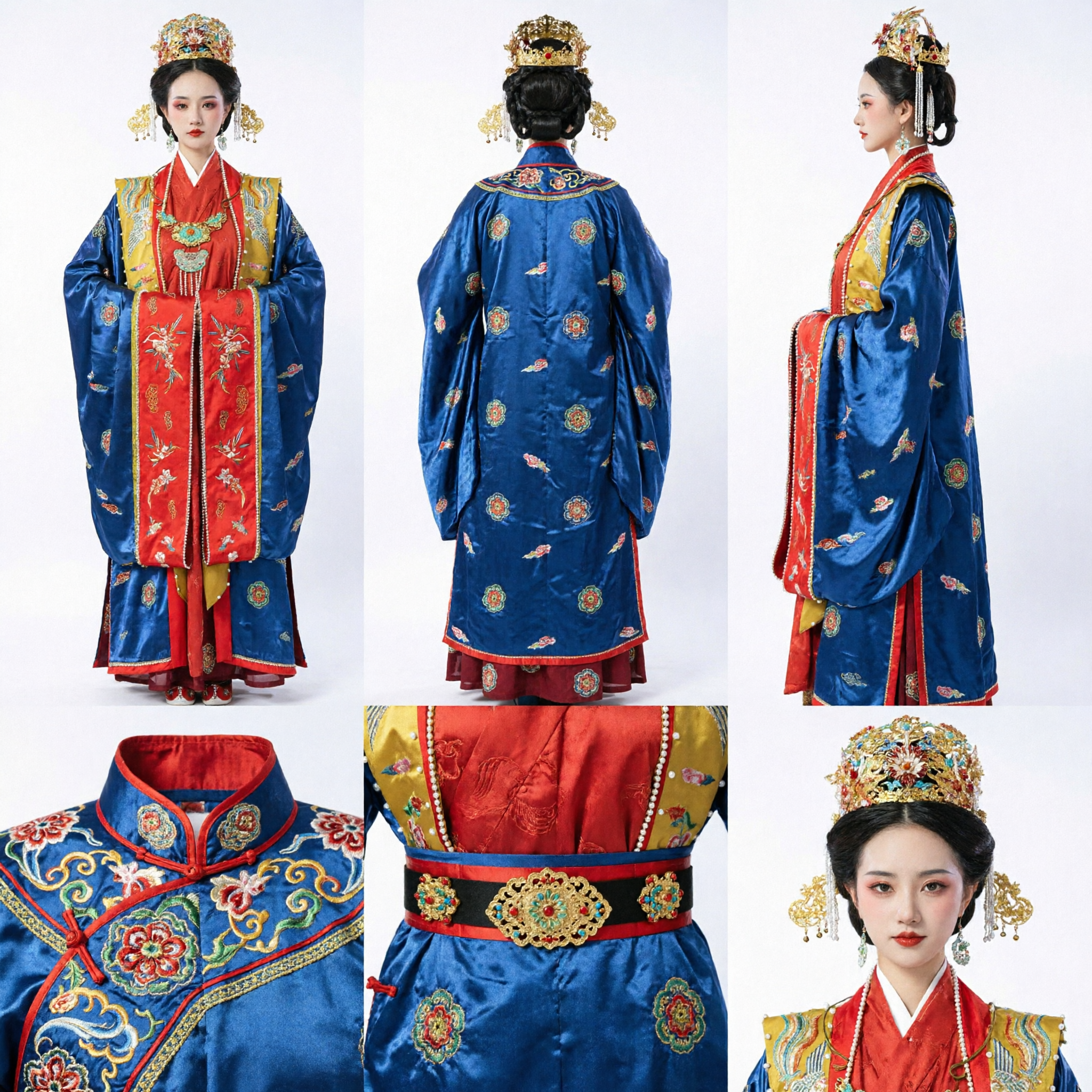 Ancient Chinese Ming Dynasty Royal Wedding Hanfu Blue Red Embroidered Costume for Women