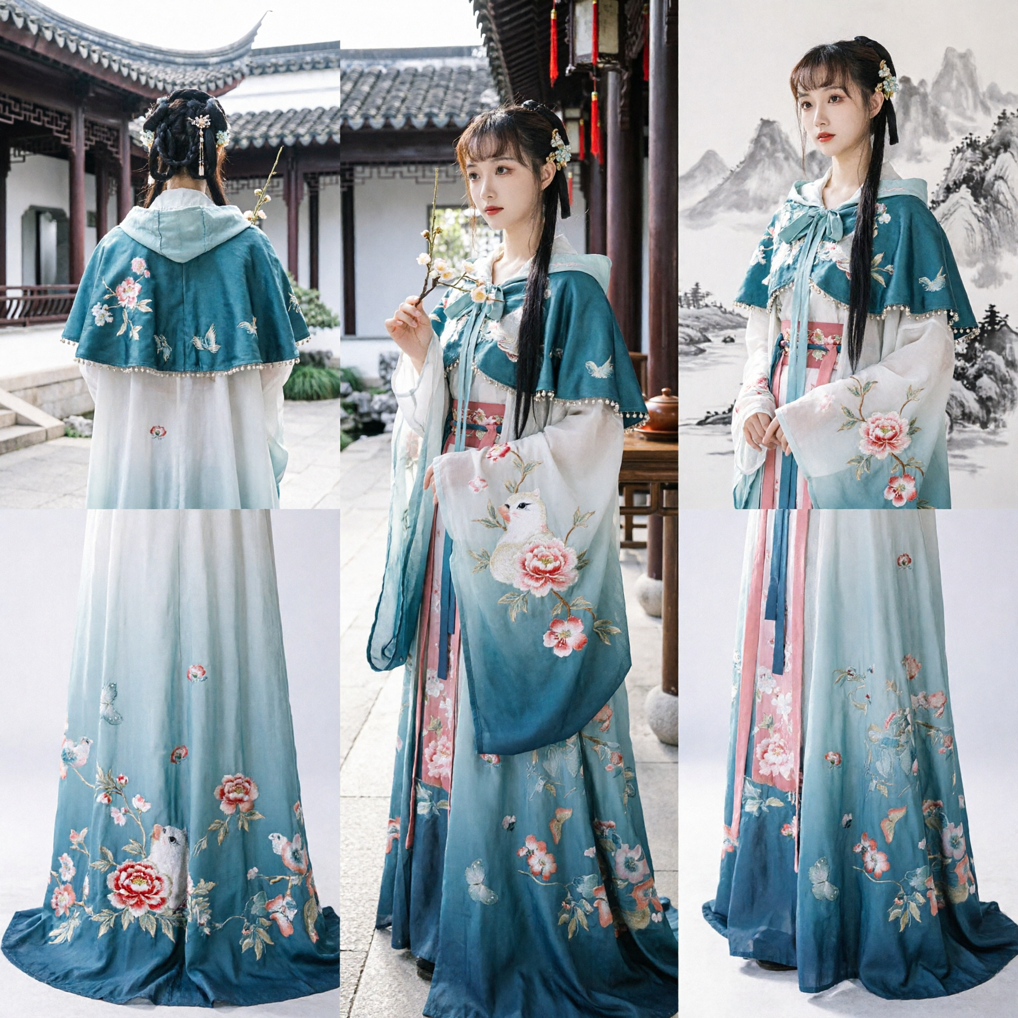 Elegant Blue Gradient Hanfu Cloak Set with Rabbit Embroidery Traditional Chinese Ancient Costume for Women