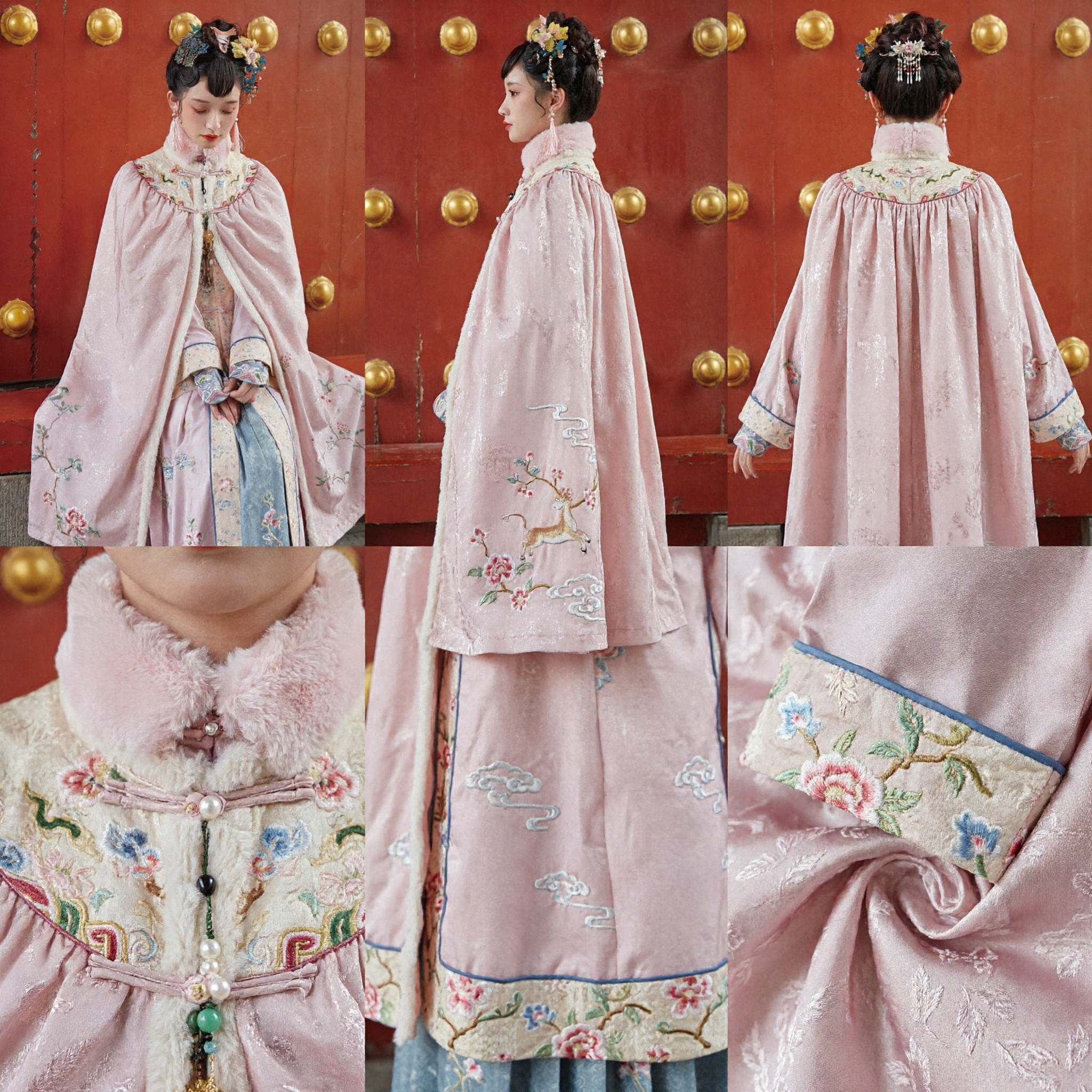 Traditional Chinese Hanfu Pink Winter Cloak Cape with Fur Trim Embroidery Ming Dynasty Style Costume for Women