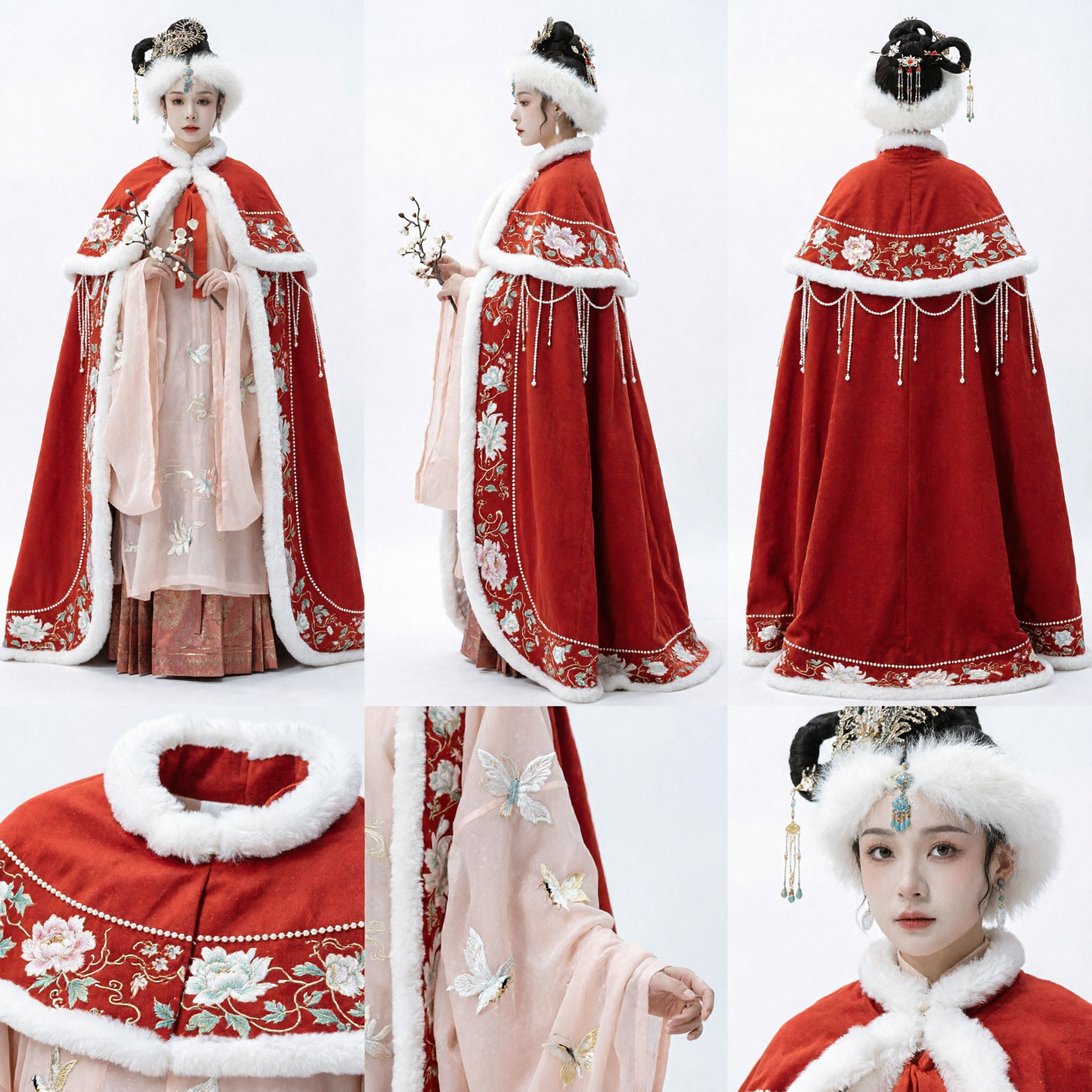Traditional Chinese Hanfu Winter Red Cloak with White Fur Trim Embroidery Ancient Palace Lady Costume for Women