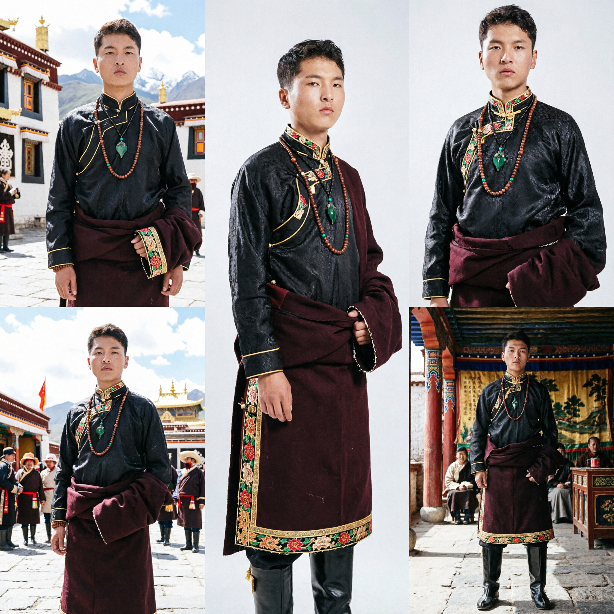 Traditional Tibetan Men's Black Brocade Chuba Robe with Gold Trim Ethnic Costume for Festivals