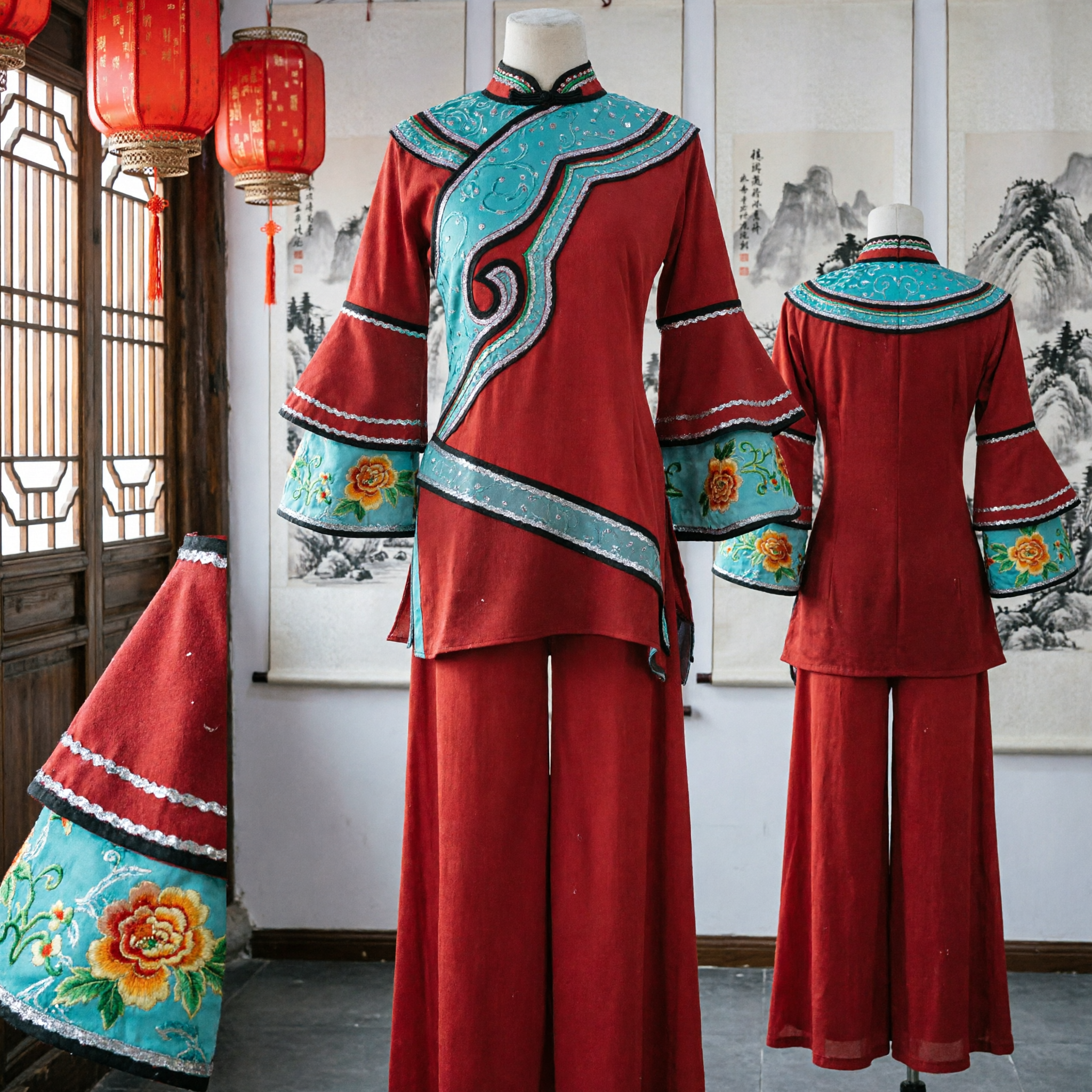 Traditional Chinese Red Yangge Dance Costume Women Folk Performance Outfit with Embroidered Bell Sleeves