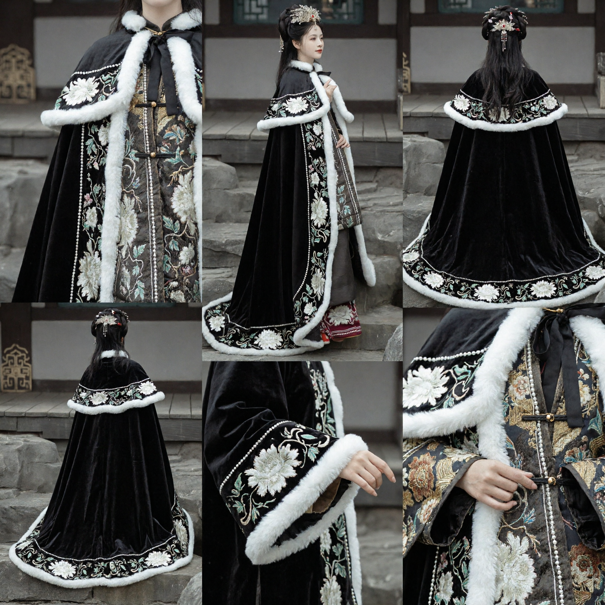 Traditional Chinese Hanfu Winter Cloak for Women Black Velvet Cape with White Fur and Floral Embroidery