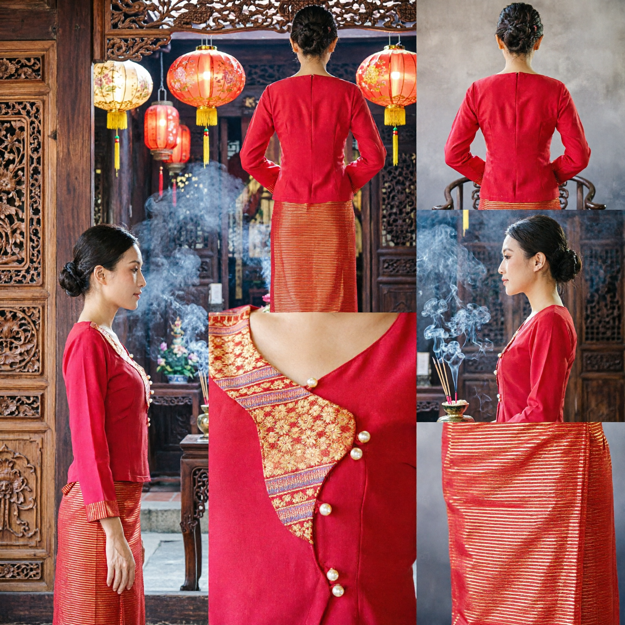 Traditional Thai Women's Red Silk Blouse and Striped Sinh Skirt Set for Weddings and Cultural Festivals