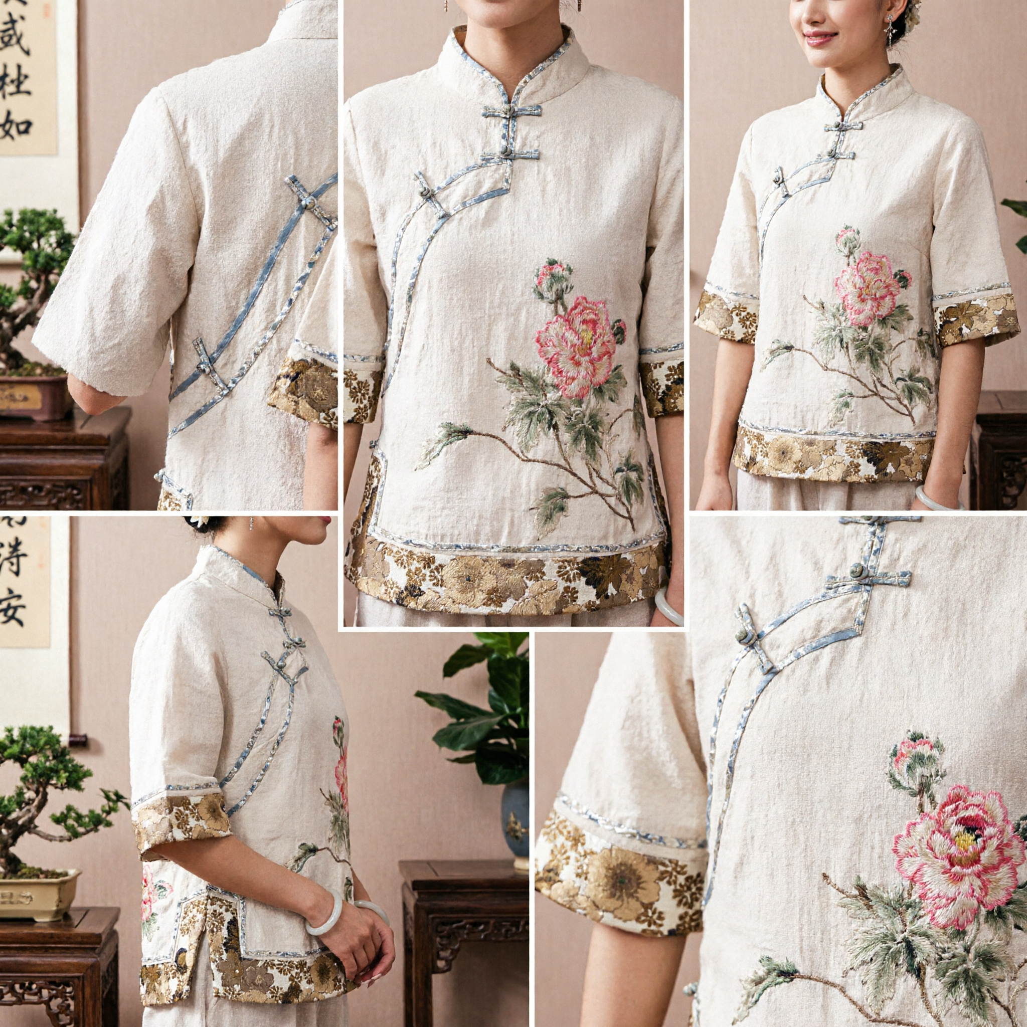 Women's Traditional Chinese Tang Suit Top Floral Embroidered Mandarin Collar Linen Blouse for Summer