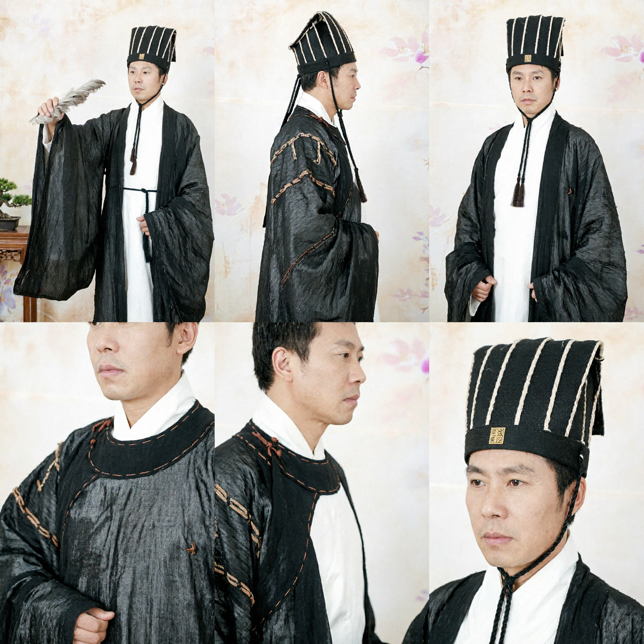 Ancient Chinese Three Kingdoms Scholar Costume Men Traditional Hanfu Black Robe Strategist Outfit for Cosplay