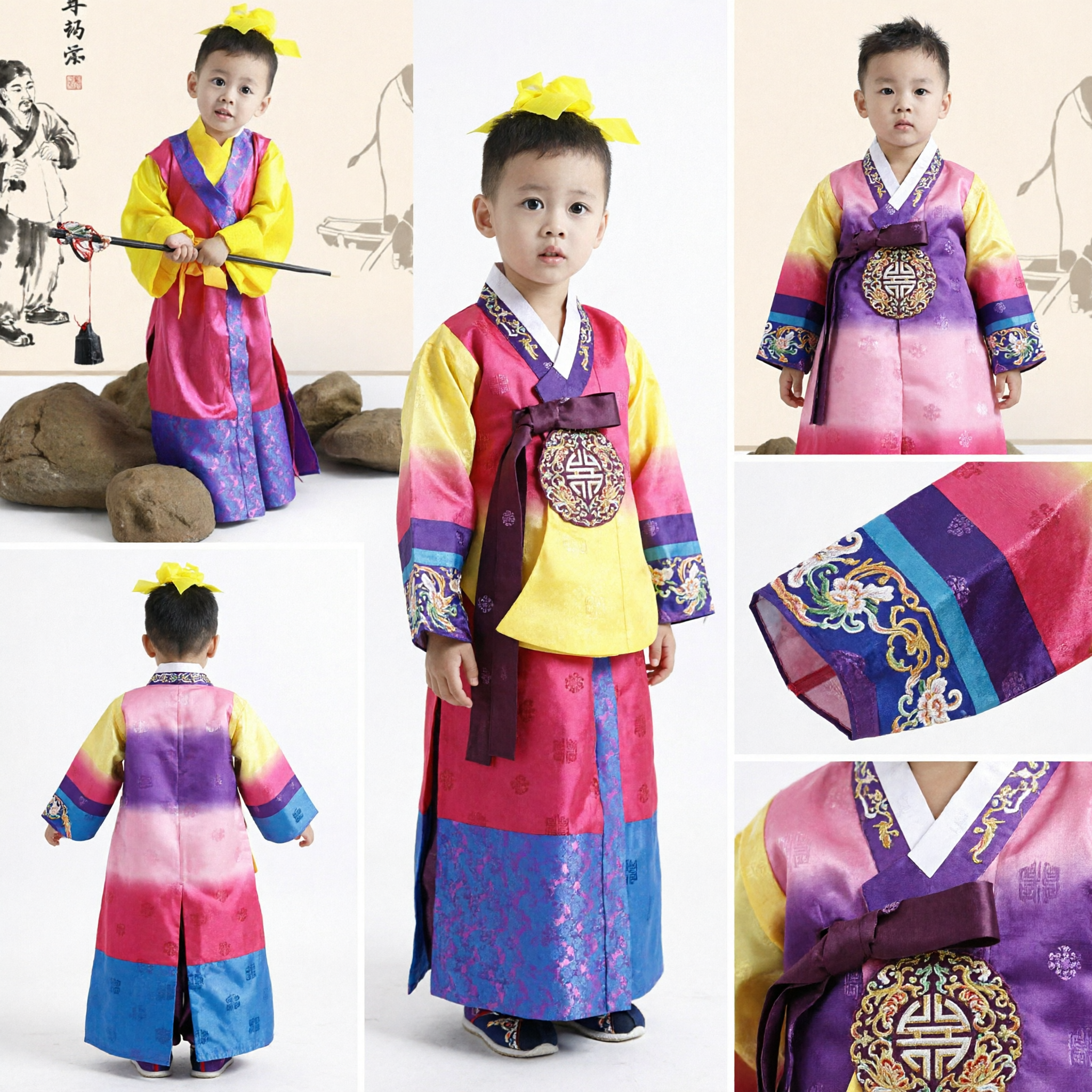 Traditional Korean Hanbok for Boys Kids Yellow Pink Purple Costume for Birthday Party Festival