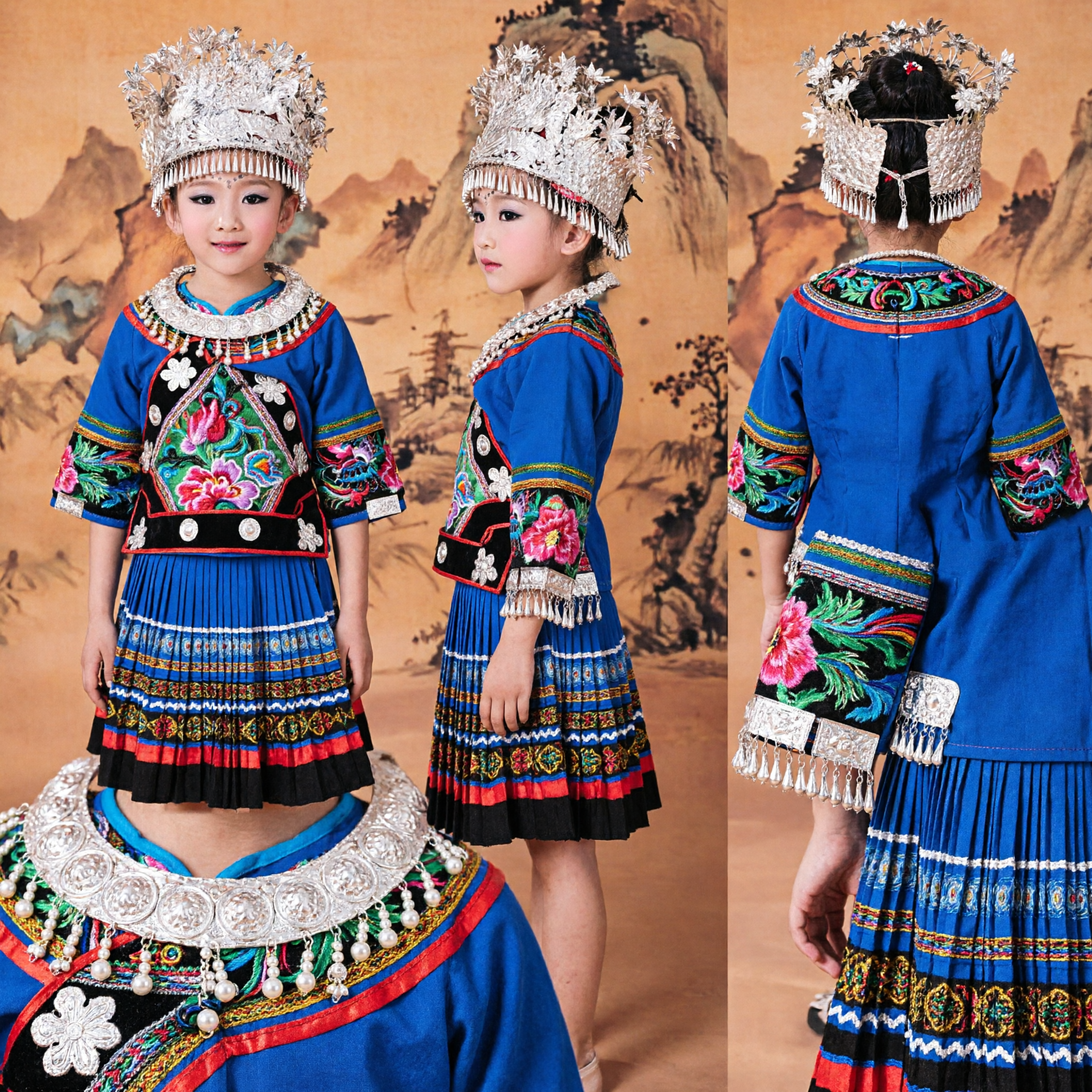 Traditional Chinese Miao Ethnic Minority Costume Girls Folk Dance Performance Dress with Silver Headdress
