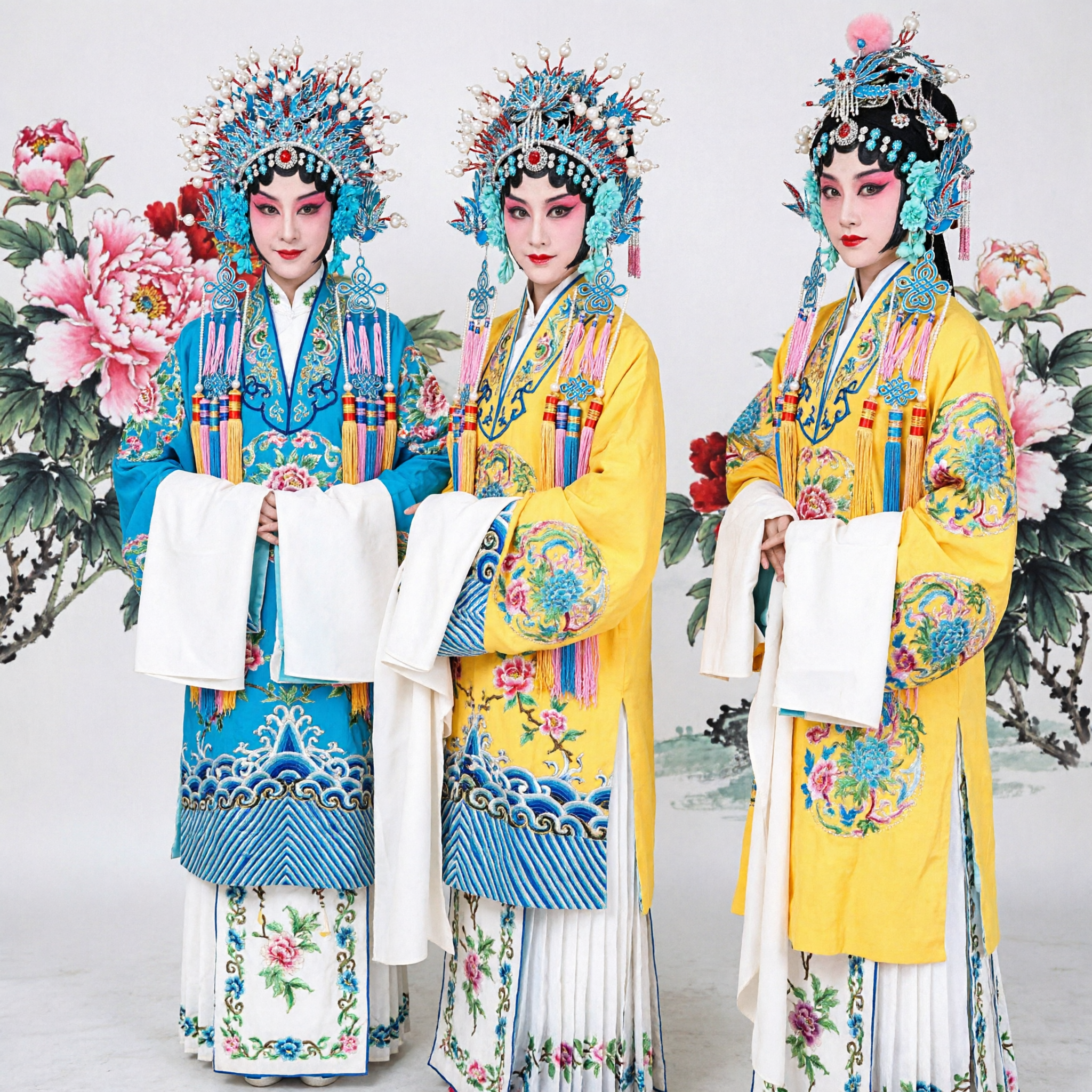 Traditional Chinese Peking Opera Costume for Girls Yellow Embroidered Dance Dress with Headdress and Fans