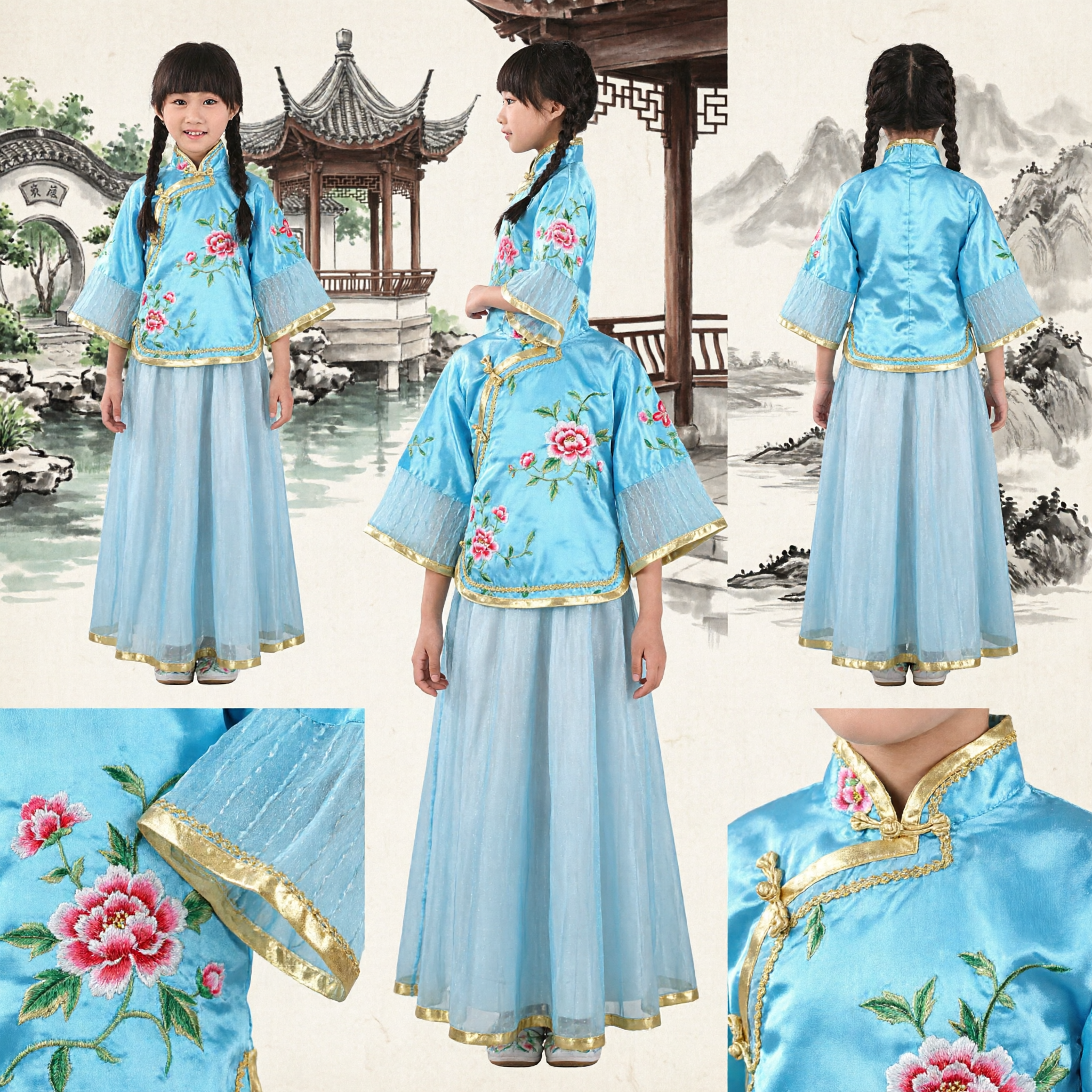 Girls Traditional Chinese Hanfu Dress Blue Floral Embroidery Top and Skirt Set for Kids Performance