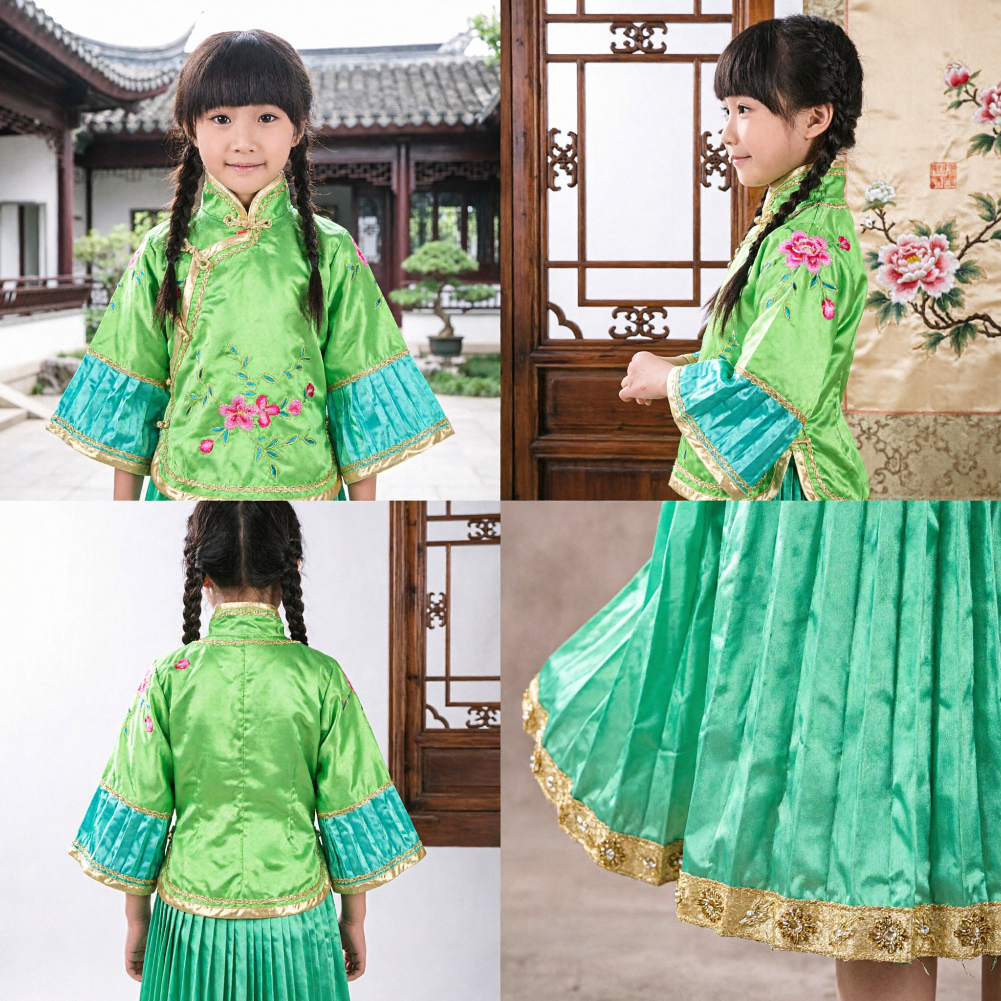 Girls Traditional Chinese Green Dance Costume Kids Embroidered Tang Suit Dress for Folk Performance and Stage