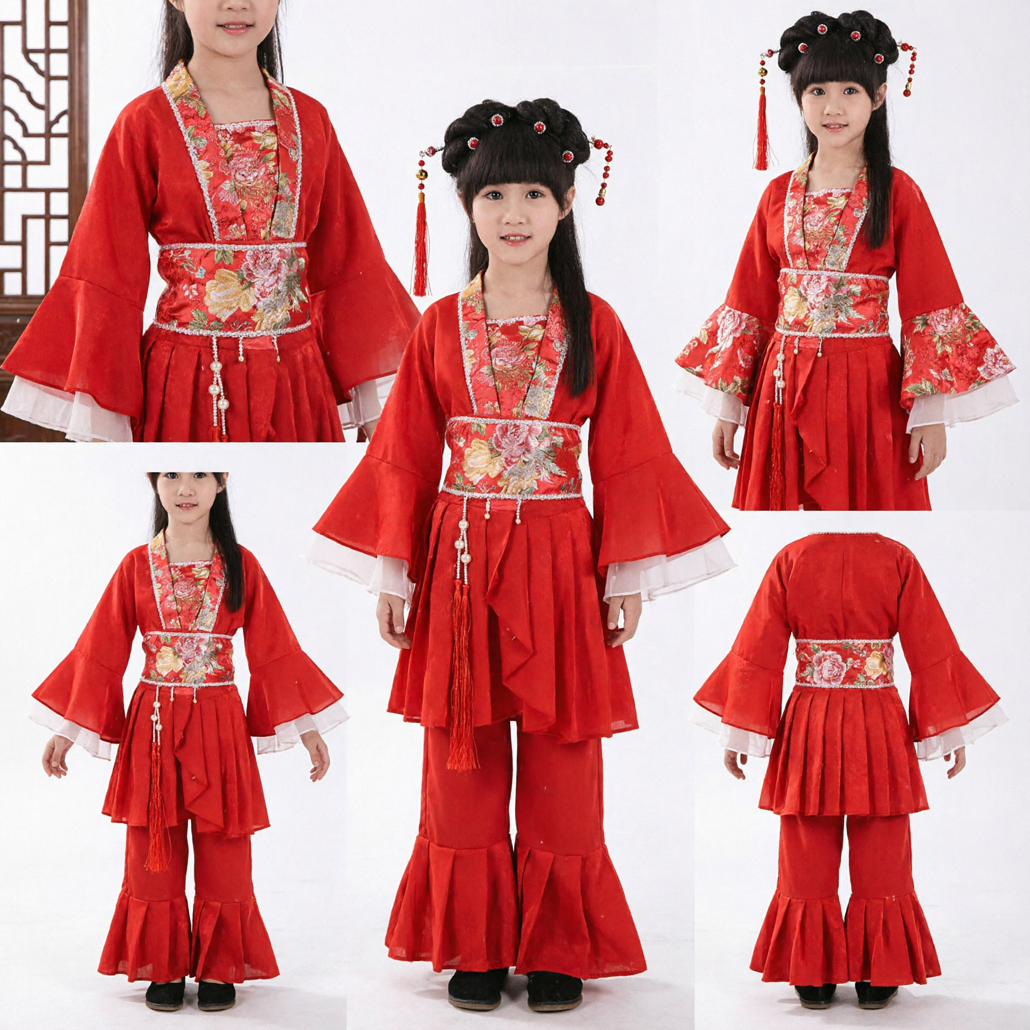 Girls Red Chinese Traditional Hanfu Costume Ancient Princess Dress Kids Dance Performance Outfit Set