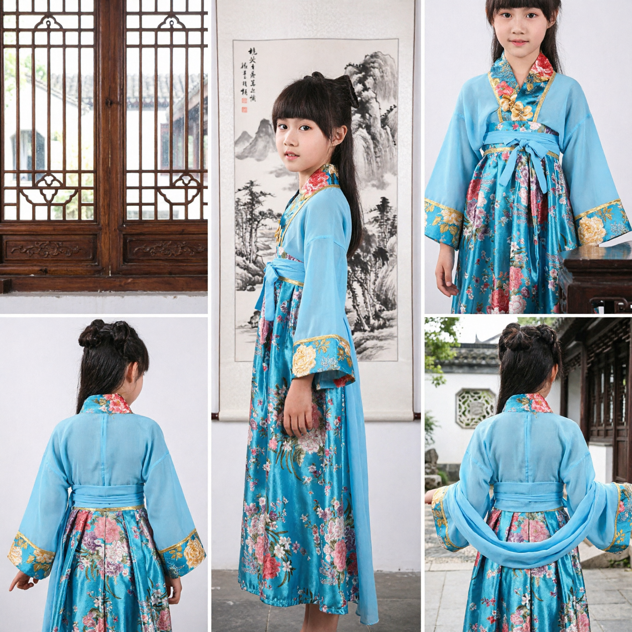 Ancient Chinese Tang Dynasty Hanfu Costume for Girls Blue Floral Princess Dress Kids Performance Wear
