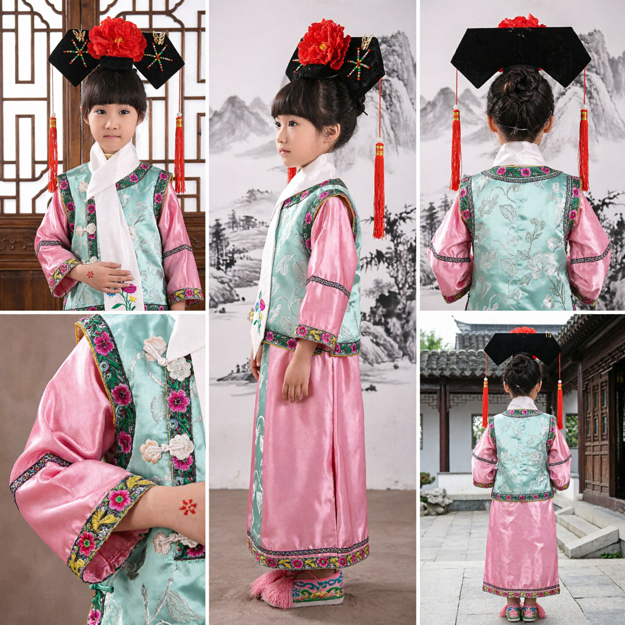 Traditional Chinese Qing Dynasty Princess Costume for Girls, Pink and Teal Embroidered Palace Dress for Kids Performance and Cosplay