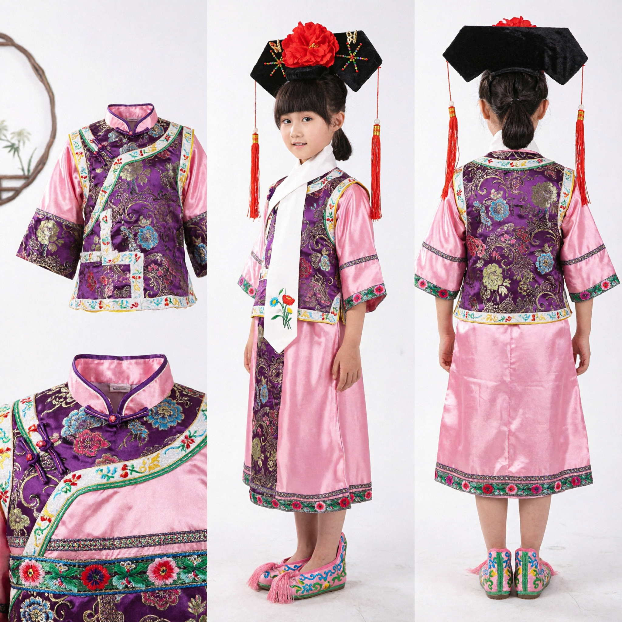 Girls Traditional Chinese Qing Dynasty Princess Costume Kids Embroidered Pink Gege Dress for Performance