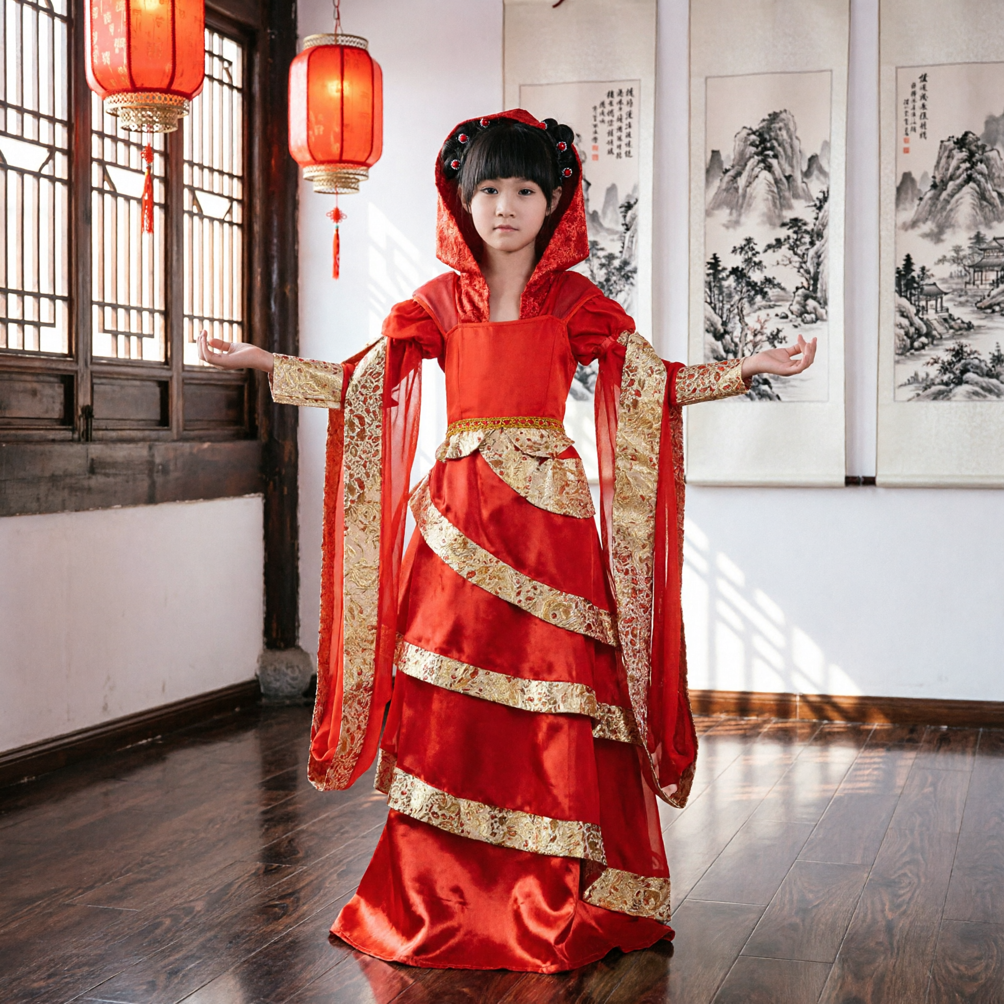 Traditional Chinese Hanfu Dress for Girls Red Tang Dynasty Princess Costume for Kids Ancient Stage Performance