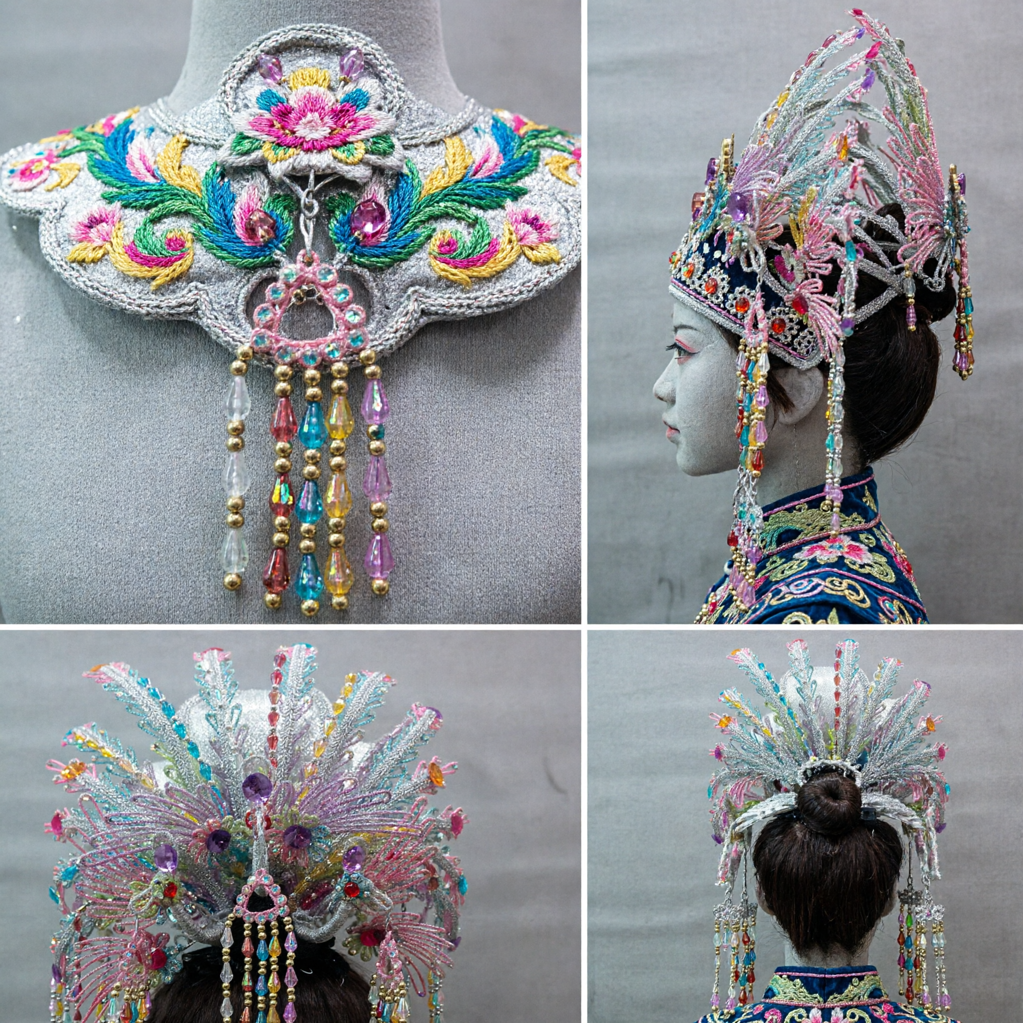 Traditional Chinese Opera Phoenix Crown Headpiece with Colorful Beaded Feathers for Dance and Stage Performance