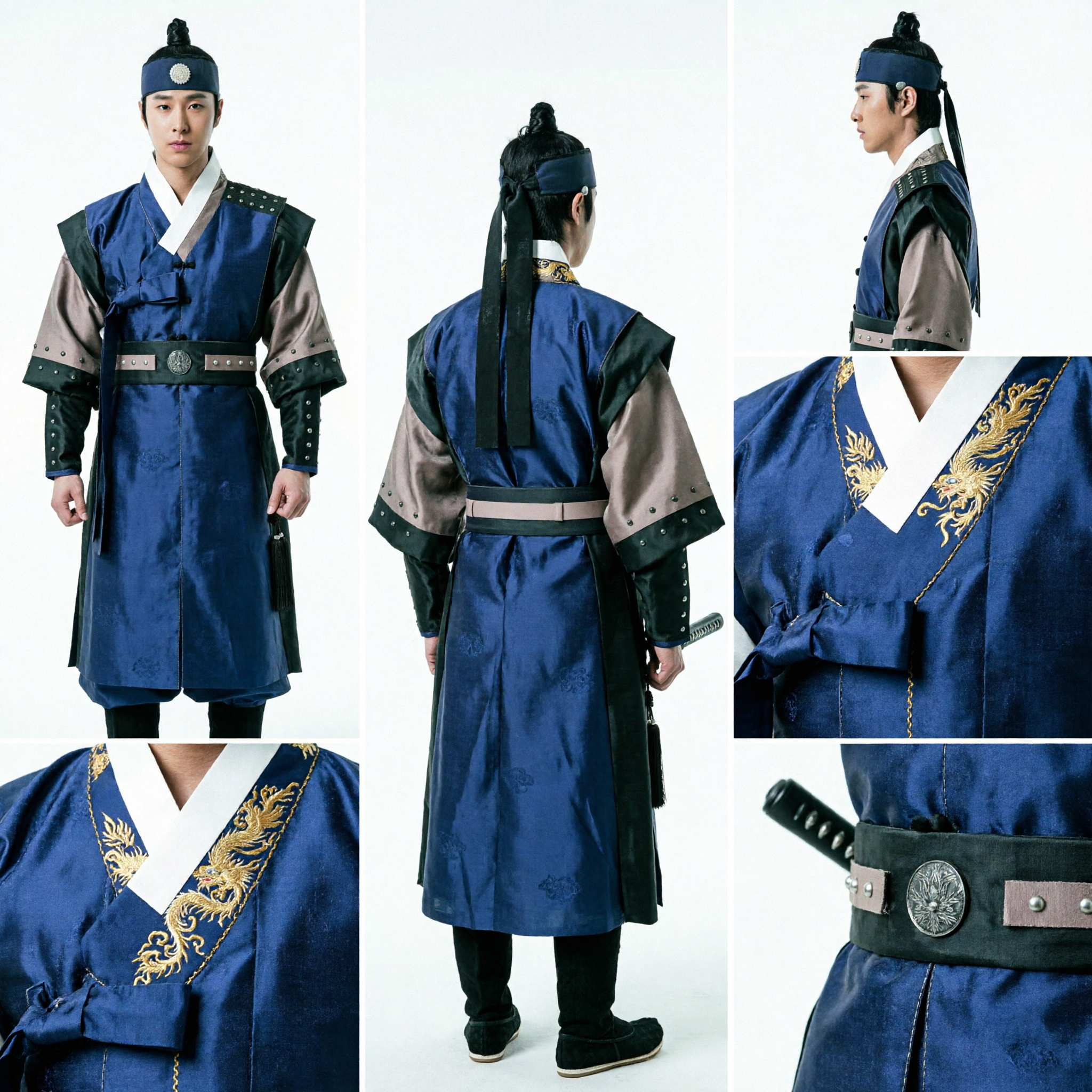 Men's Traditional Korean Warrior Hanbok Costume Blue Robe with Black Leather Armor Set for Cosplay