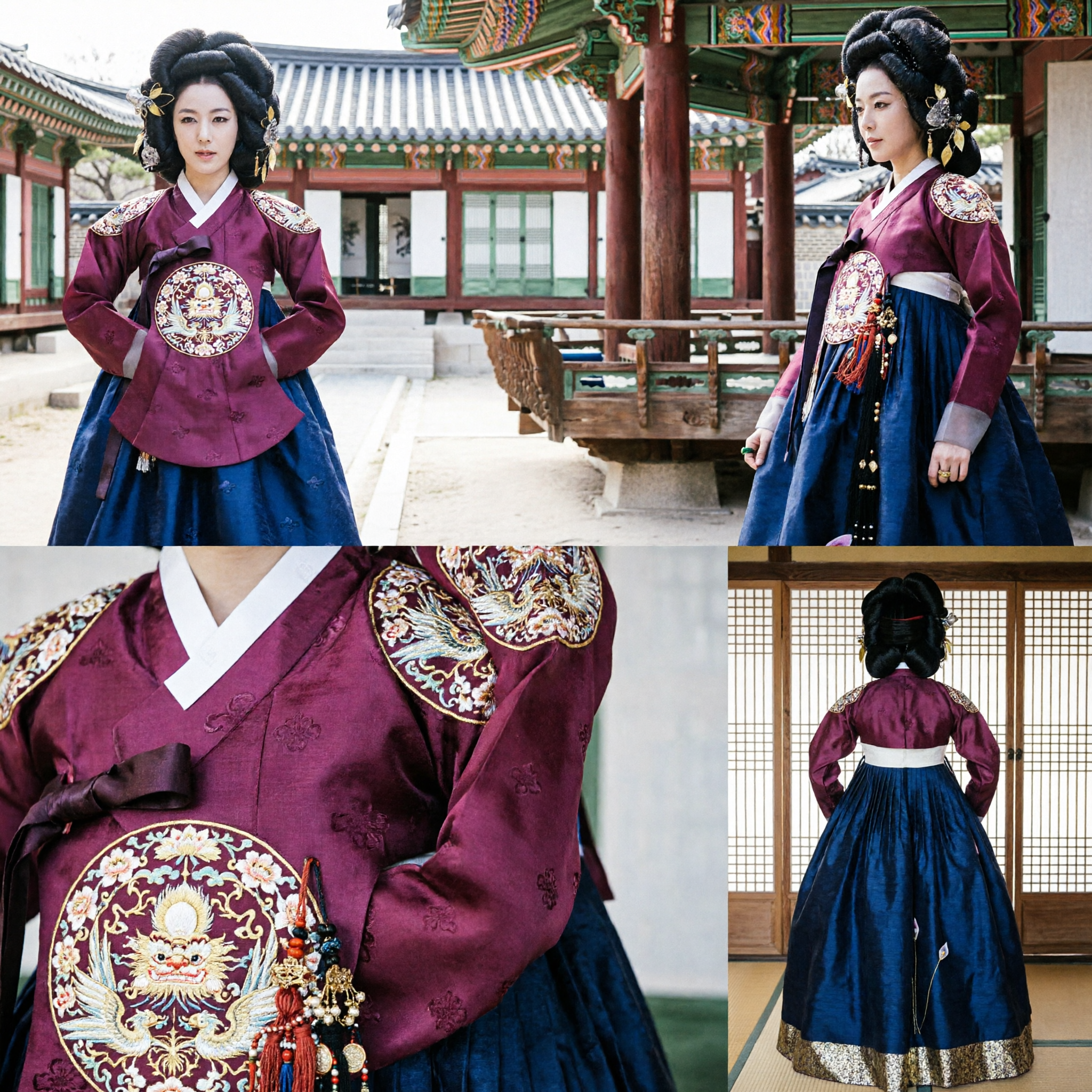 Women's Traditional Korean Hanbok Costume Burgundy Top Black Skirt with Floral Embroidery Historical Dress for Cosplay