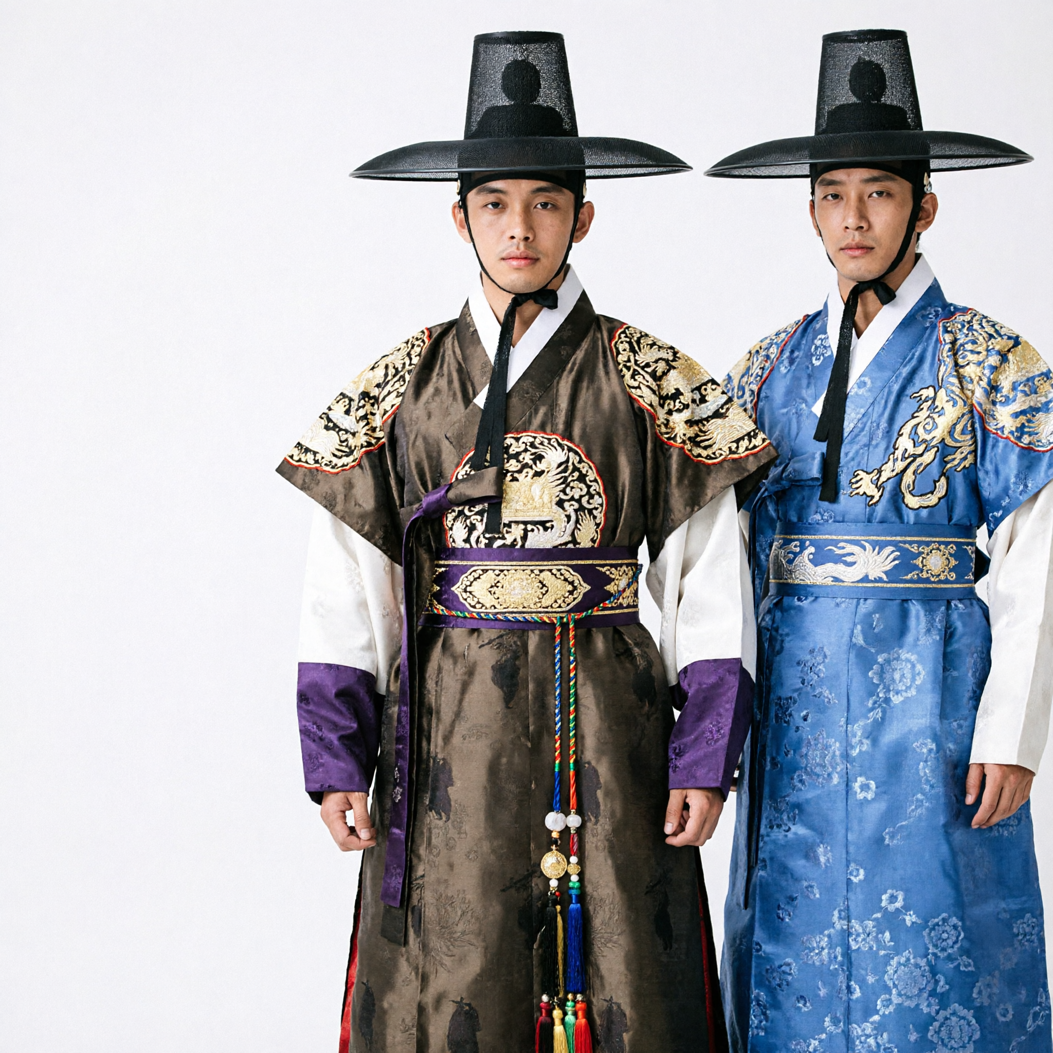 Men's Traditional Korean Hanbok Dragon Robe Costume Set with Black Gat Hat for Cosplay