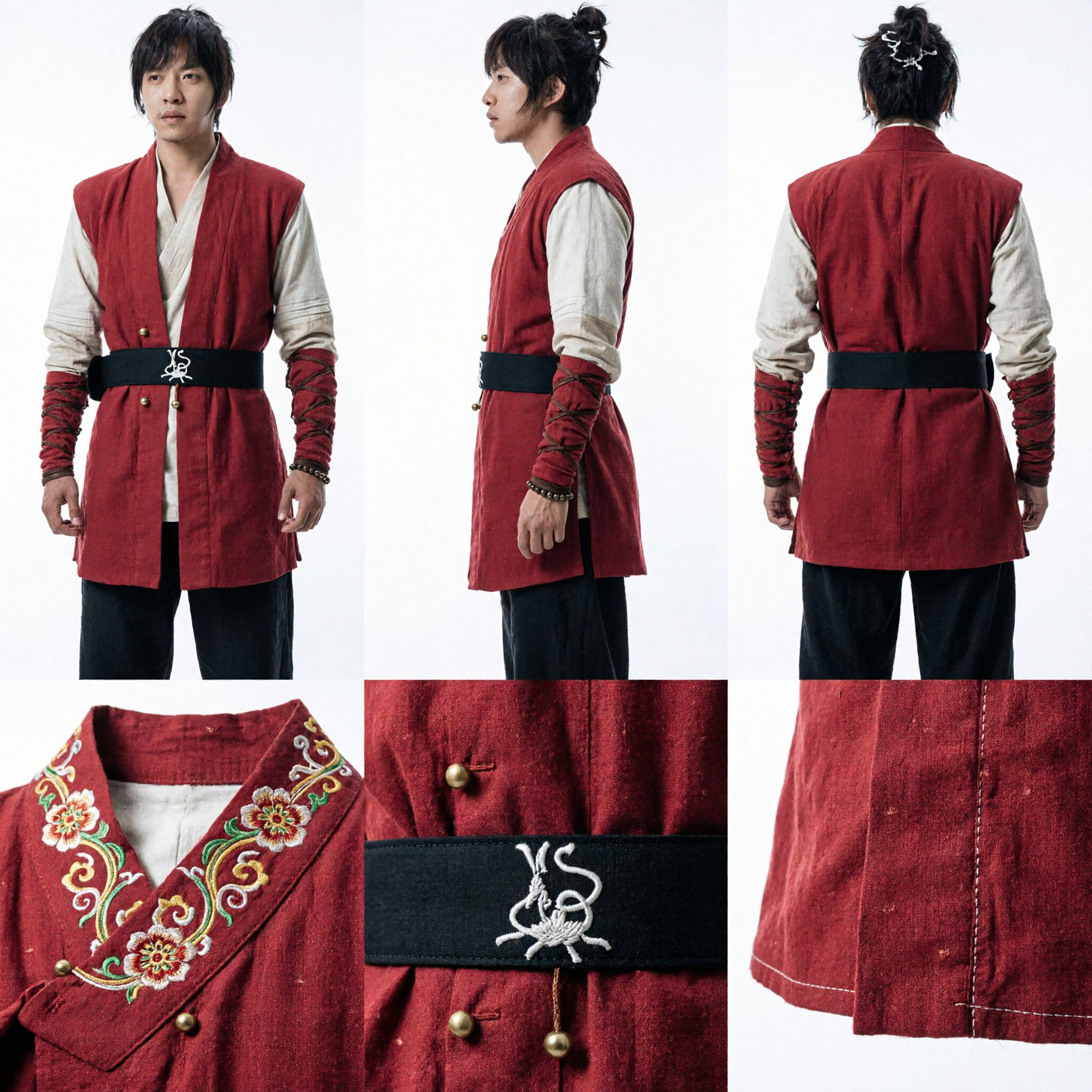 Men's Traditional Red Swordsman Costume Korean Hanbok Martial Arts Warrior Vest Historical Cosplay Outfit for Men