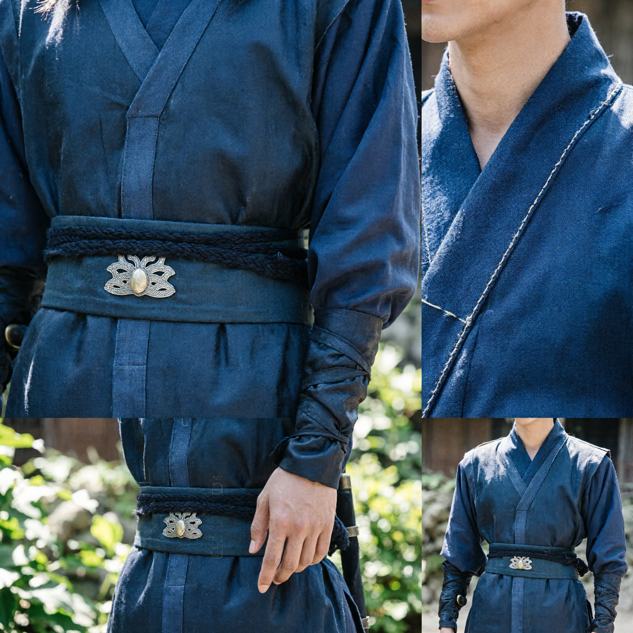 Men's Ancient Chinese Swordsman Costume Dark Blue Hanfu Robe for Wuxia Cosplay and Martial Arts Performance