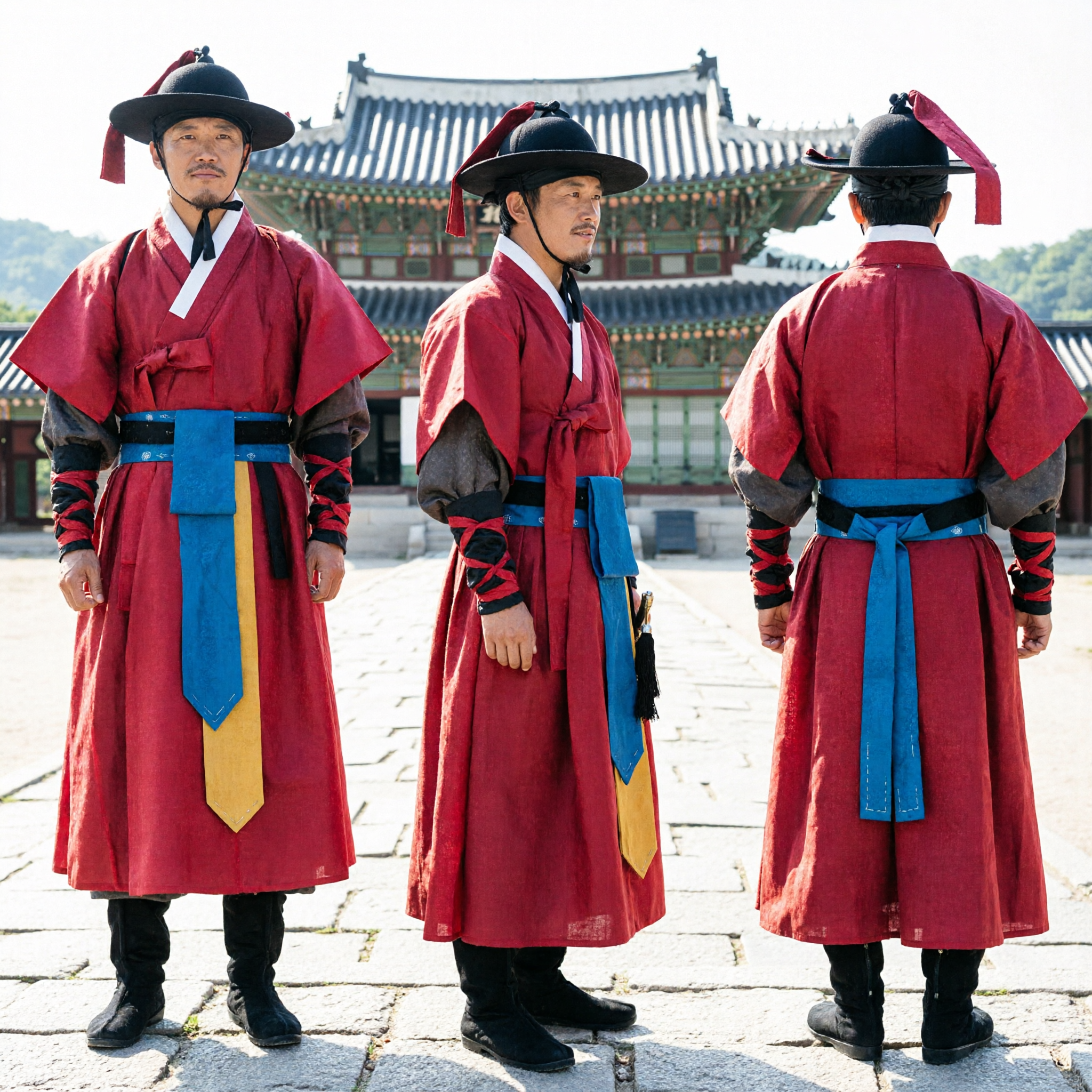 Men's Red Korean Royal Guard Hanbok Costume Traditional Warrior Uniform for Historical Drama Cosplay