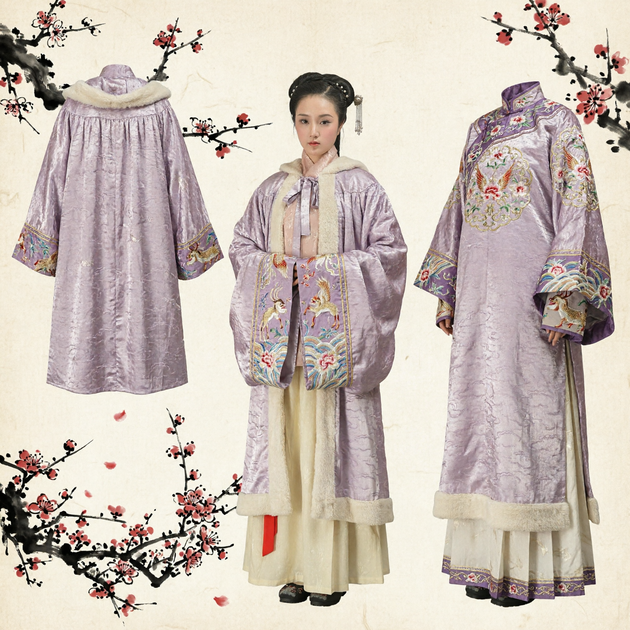 Women's Ancient Chinese Hanfu Winter Cloak Lavender Fur Trim Cape Traditional Costume for Cosplay