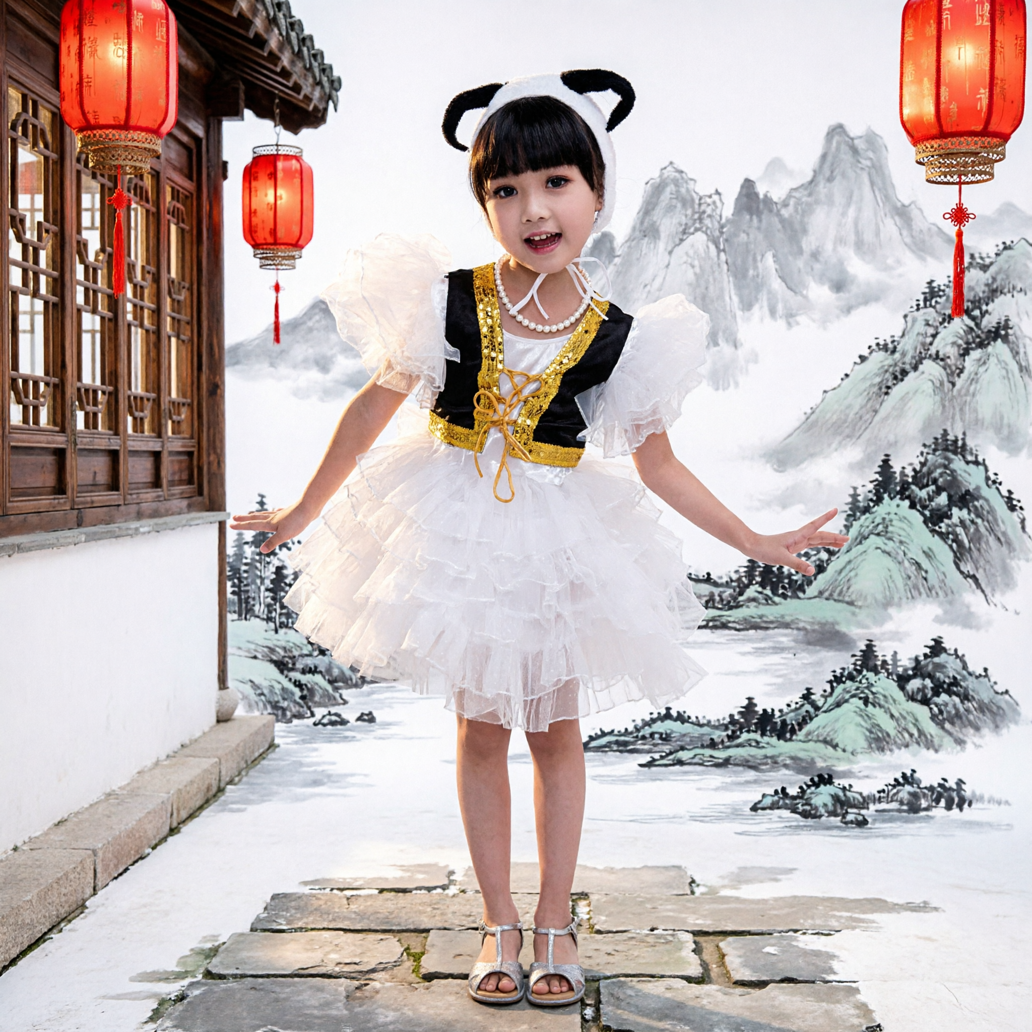 Girls Panda Stage Costume White Ruffle Dress Black Vest Animal Dance Outfit for Kids