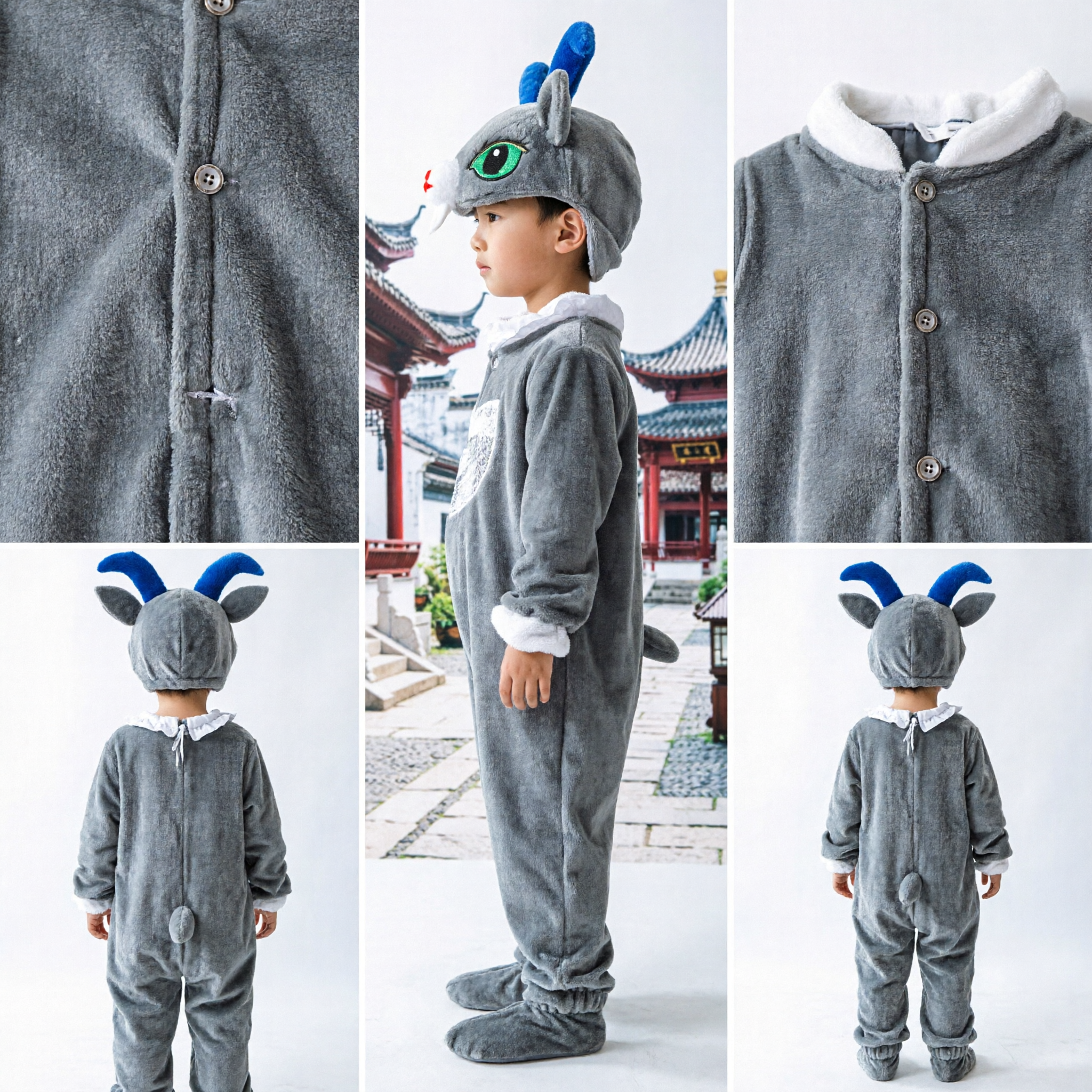 Kids Grey Ram Mascot Costume Plush Animal Onesie for Halloween Cosplay Stage Performance Party