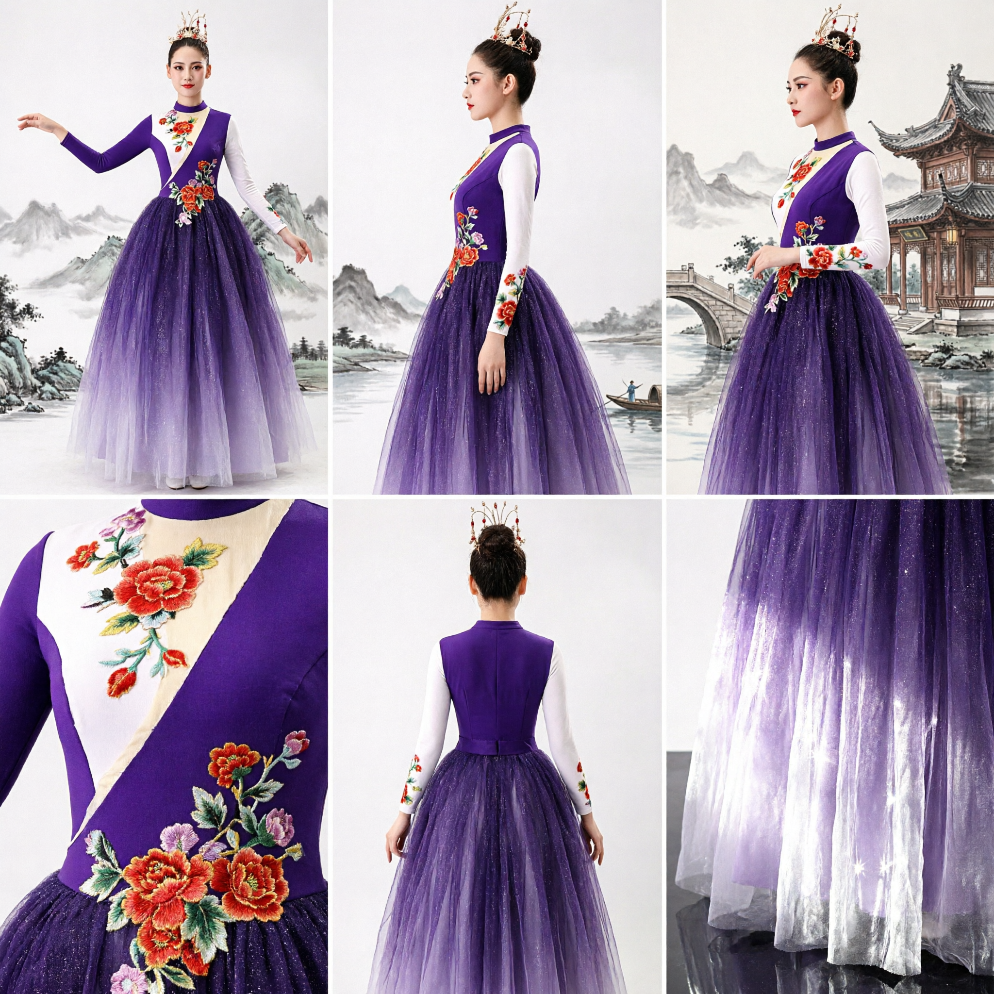 Women's Purple Chinese Folk Dance Costume Floral Embroidered Bodice Gradient Tulle Skirt Stage Performance Outfit