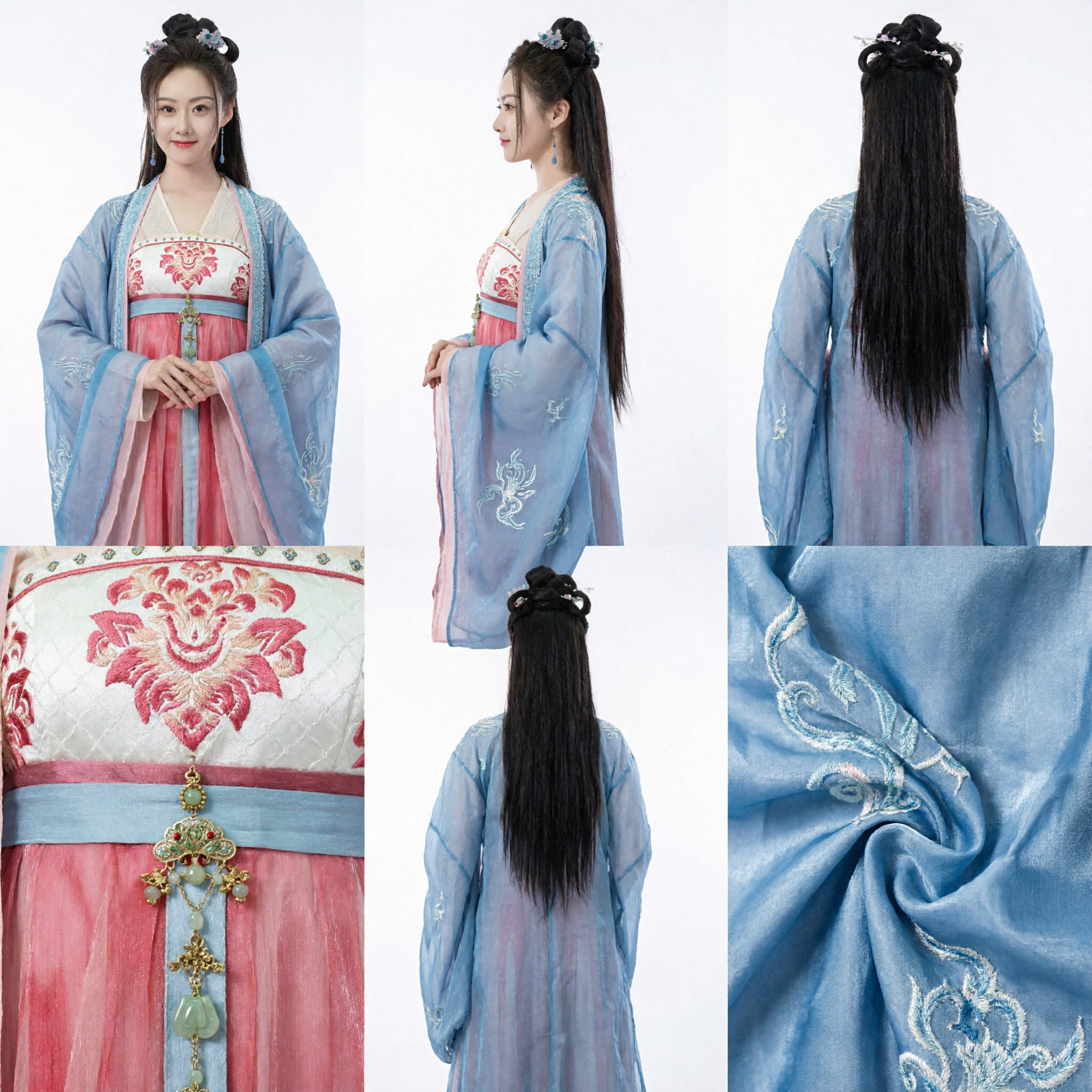 Ancient Chinese Tang Dynasty Hanfu Costume Blue Embroidered Robe and Pink Dress for Women Cosplay
