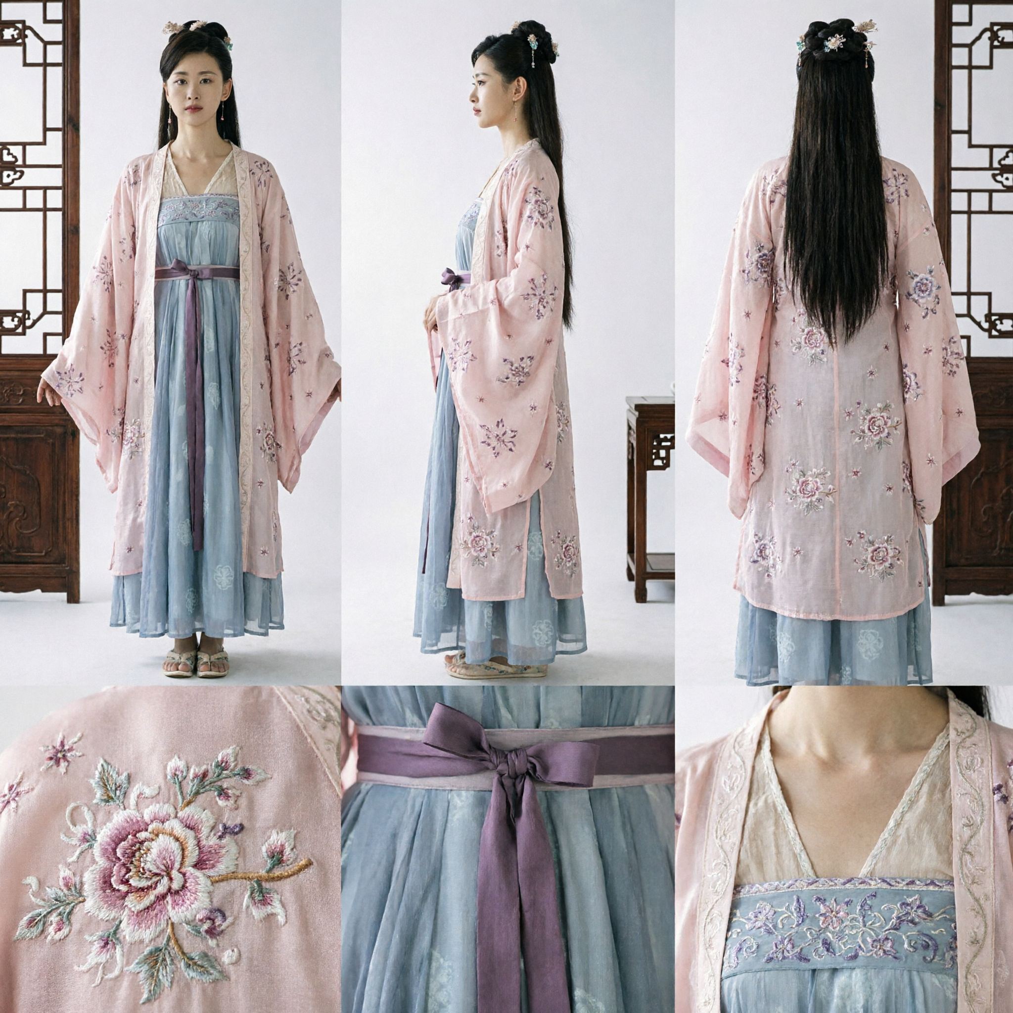 Ancient Chinese Hanfu Costume Pink Floral Robe and Blue Ruqun Dress Set for Women Historical Drama Cosplay