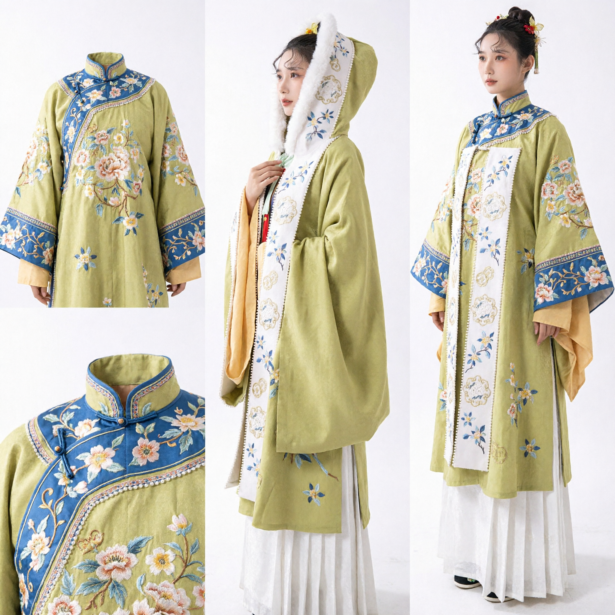 Traditional Chinese Hanfu Winter Cloak for Women Green Hooded Cape with White Fur Trim and Floral Embroidery