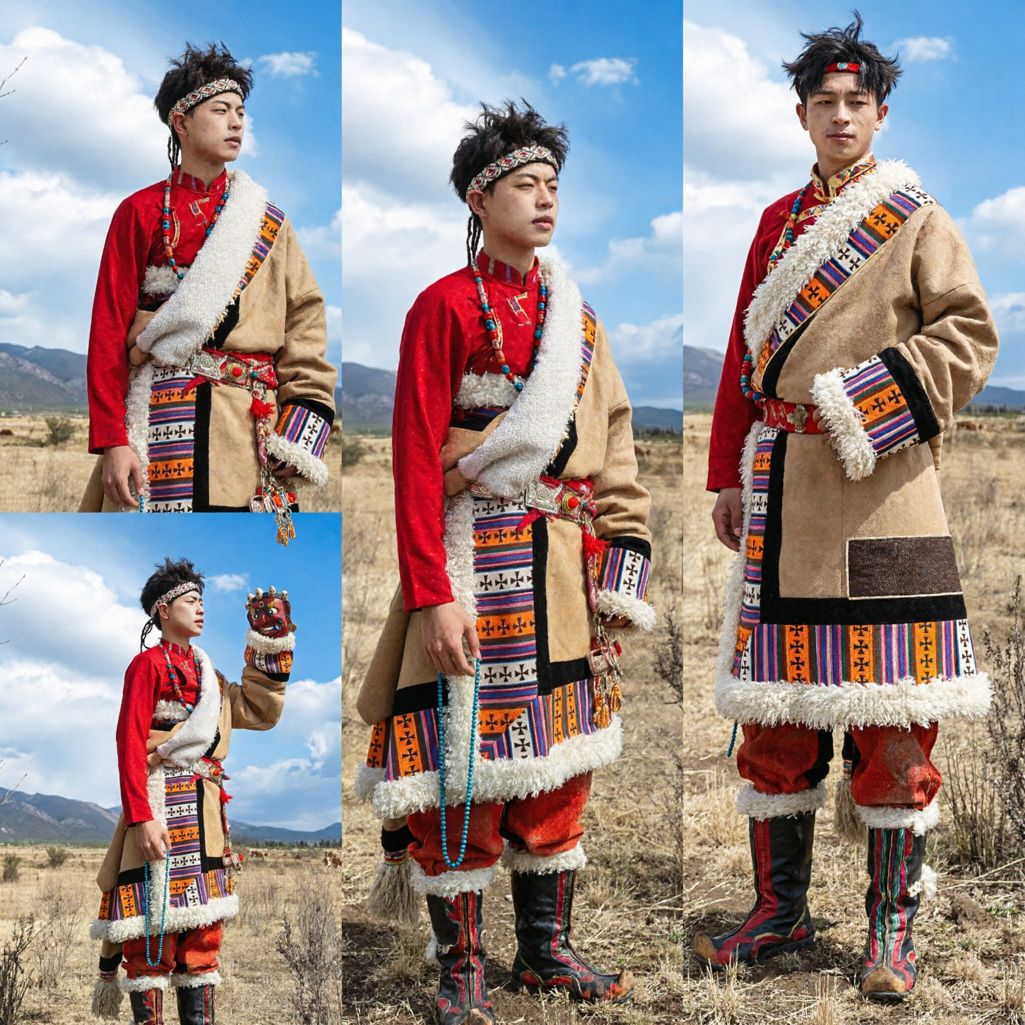 Traditional Tibetan Men's Red Chuba Robe Costume with Wool Trim Ethnic Folk Dance Stage Performance Outfit