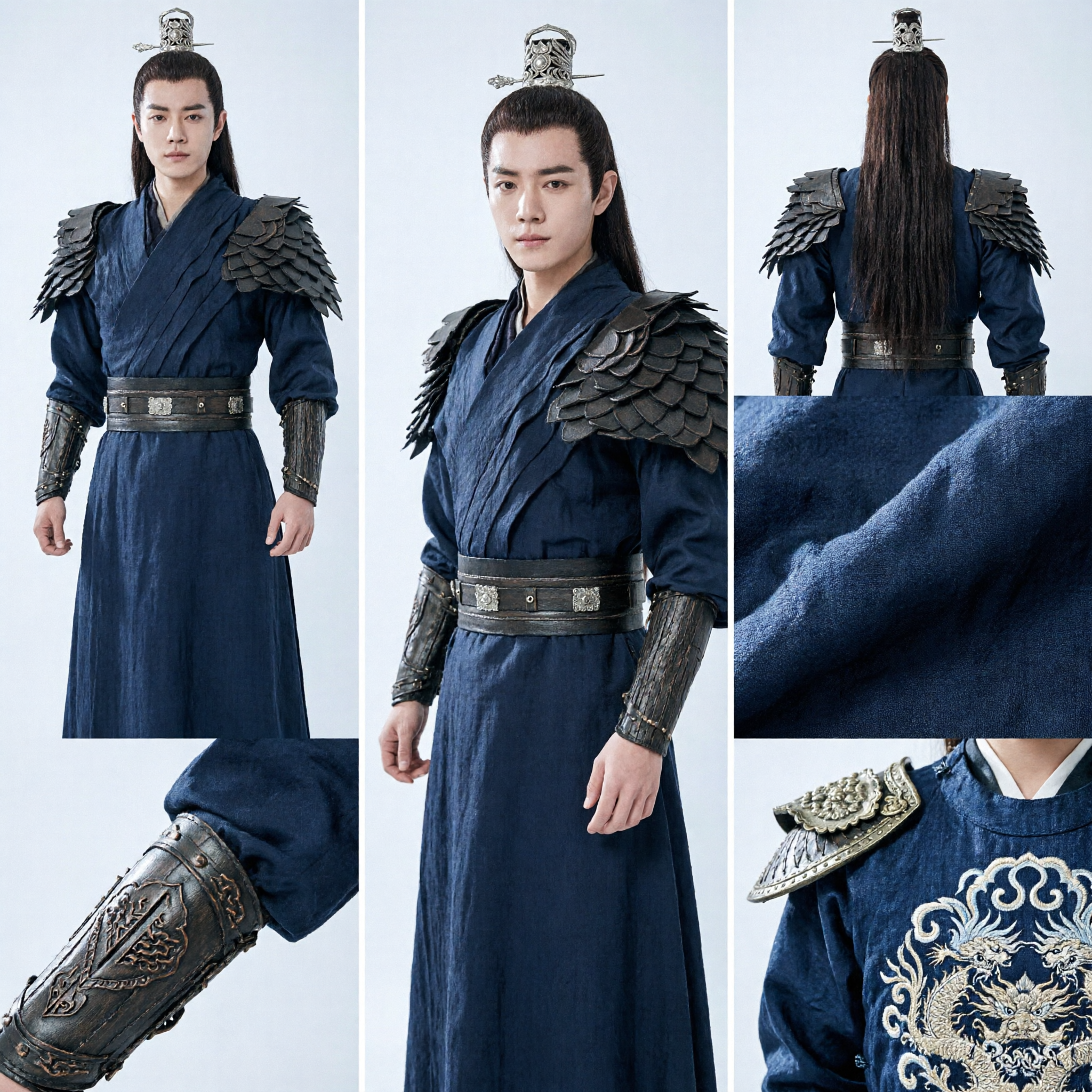 Men's Black Ancient Chinese Warrior Hanfu Costume with Shoulder Armor for Wuxia Cosplay and Photography