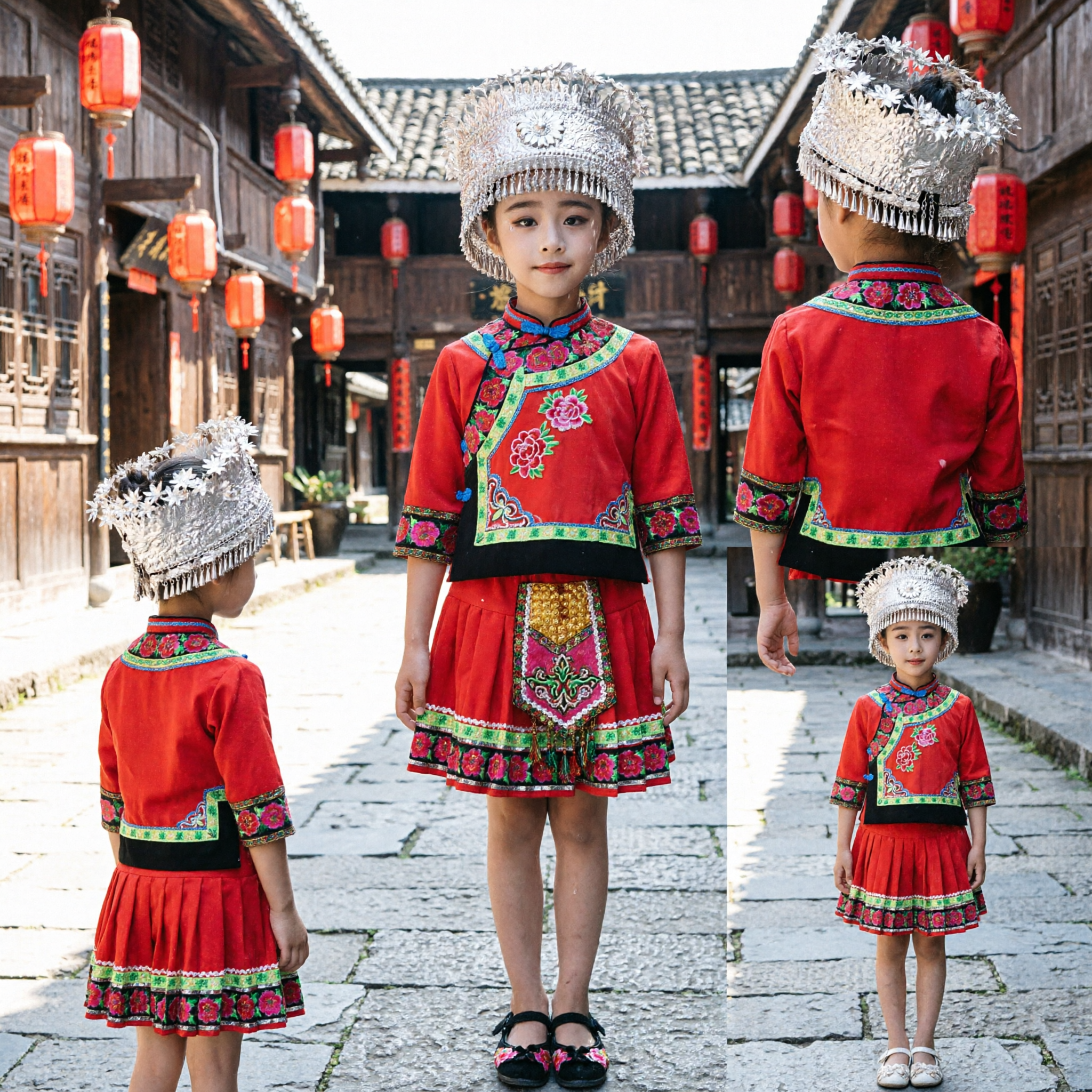 Chinese Traditional Miao Ethnic Costume Girls Red Embroidery Folk Dance Dress Kids Stage Performance Outfit
